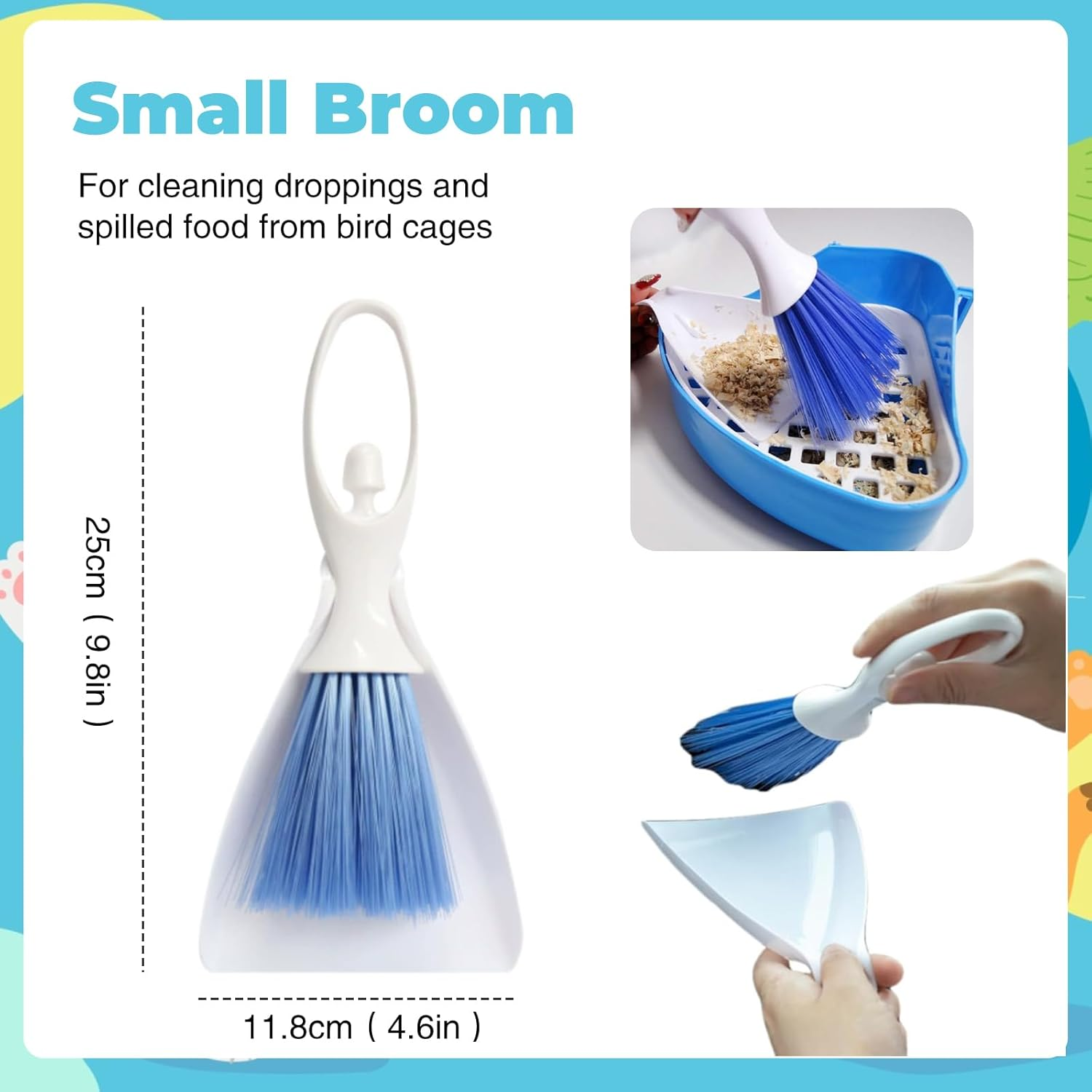 SUSOO 6 PCS Bird Cage Cleaning Kit with Stainless Steel Poop Remover,Brushes,Scraper,Wire Brush,Small Broom and Disposable Gloves,Pet Accessories for Parrot Conure Hamster Rabbit Outdoor Patio image number 4