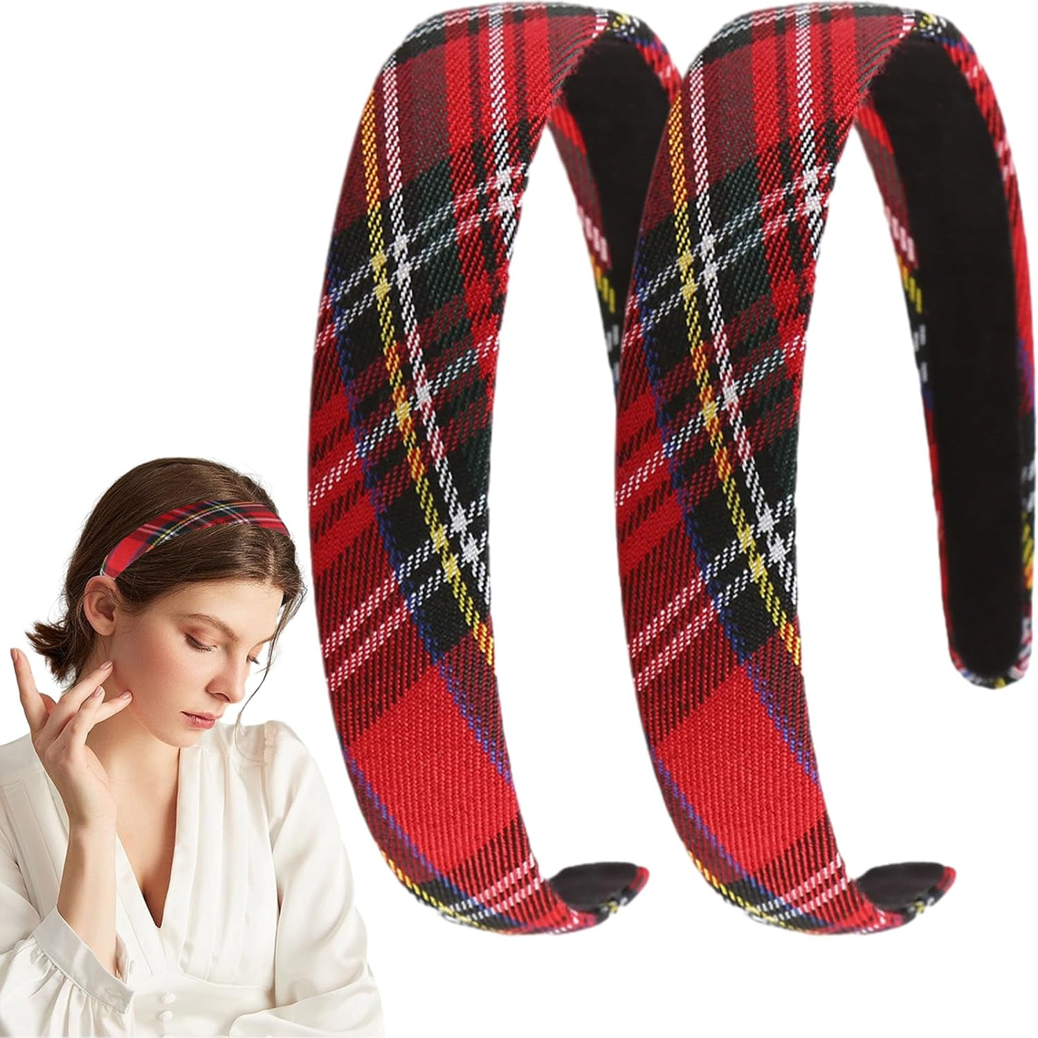 2 Pcs Headband Women Tartan Headbands Fabric Hairbands for Women Girls (Brown)