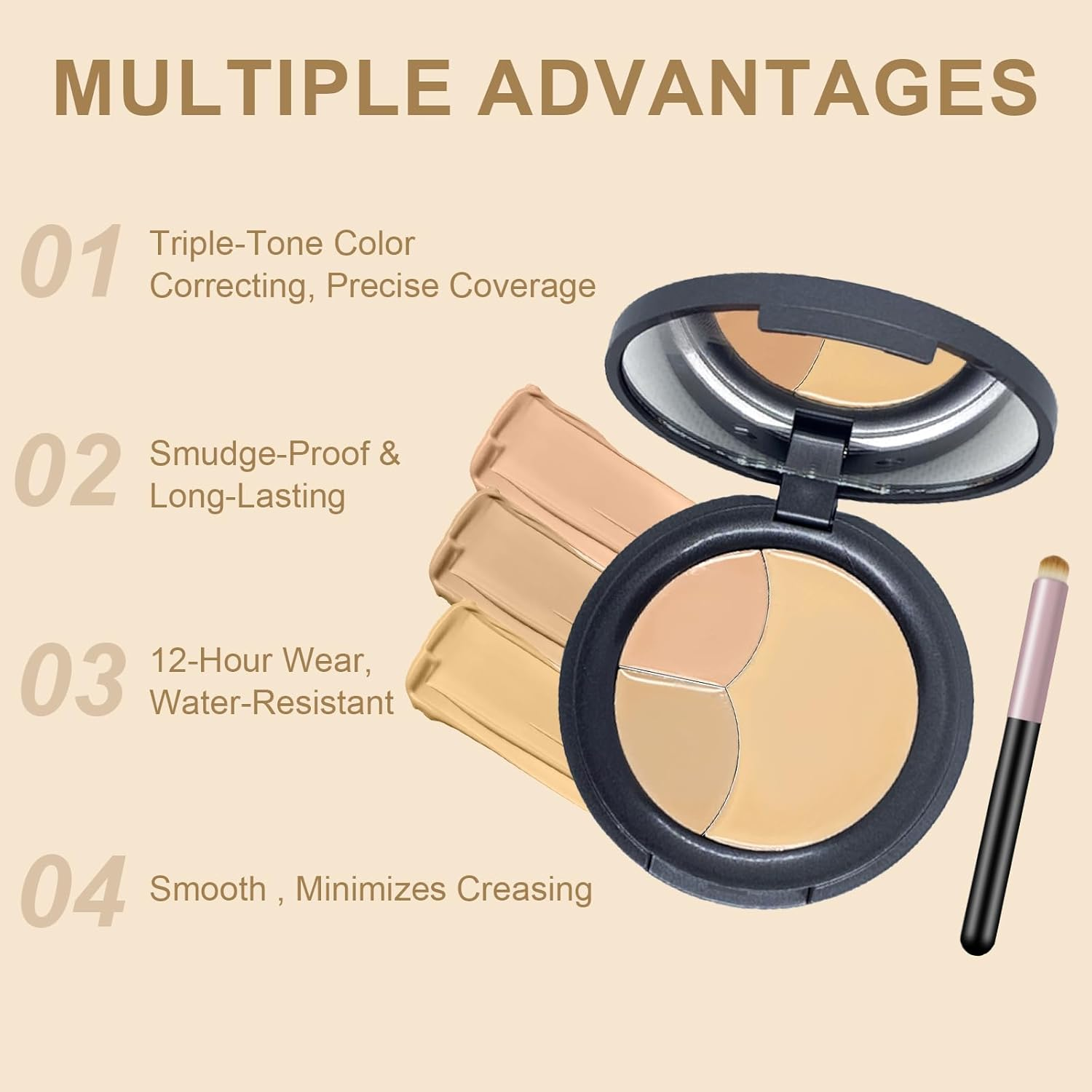 3-Color Cream Concealer Palette with Brush,Color Corrector Cream Kit for Smooth Contouring to Conceal, Correct, and Contour with a Velvety Finish. image number 5