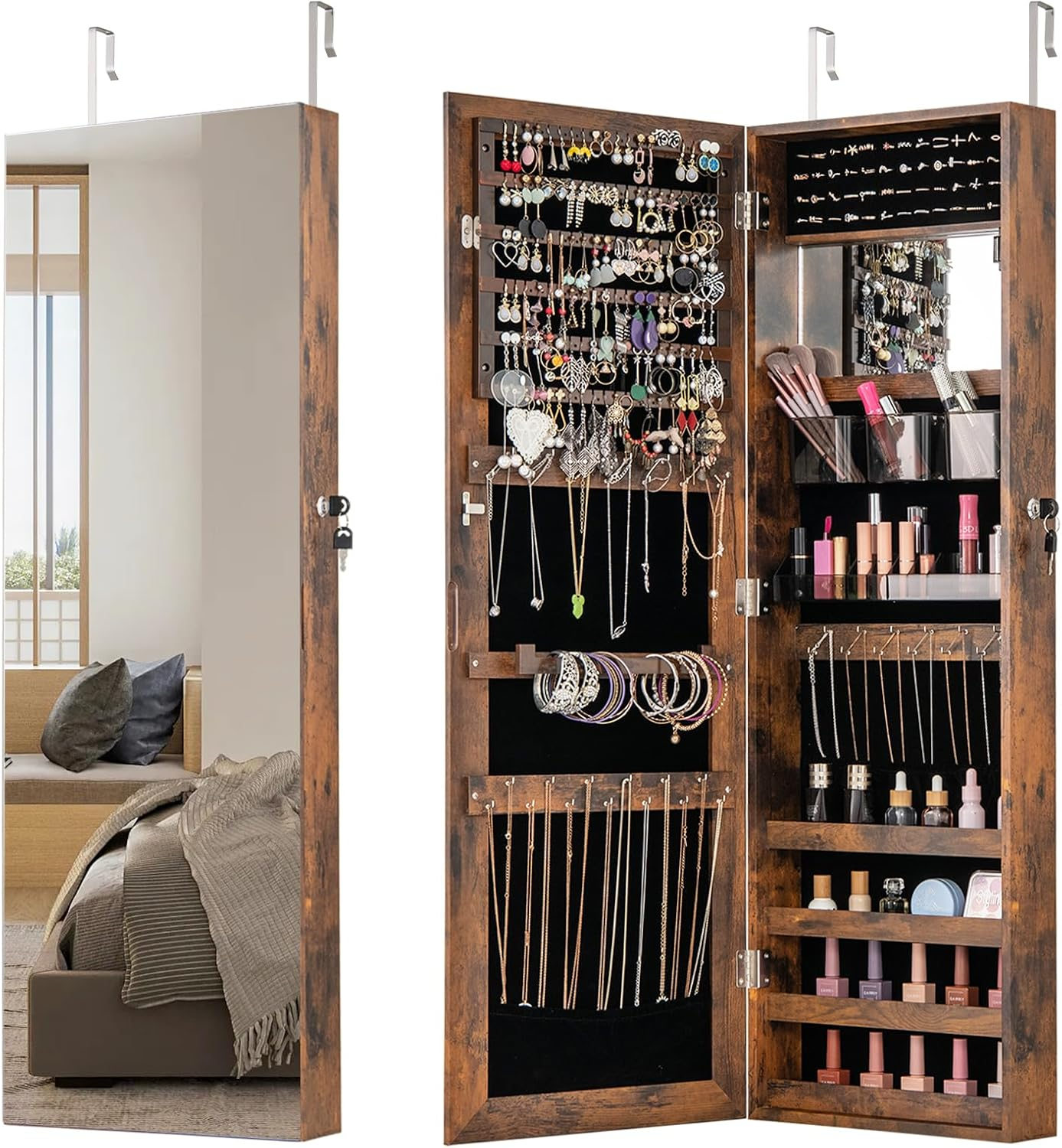 Giantex 110 Cm Jewelry Mirror Cabinet, Wall/Door Mounted Jewelry Armoire Organizer W/Full-Length Mirror & Interior Makeup Mirror, Adjustable Hangers, Safety Lock & Soft Lining (Rustic Brown)