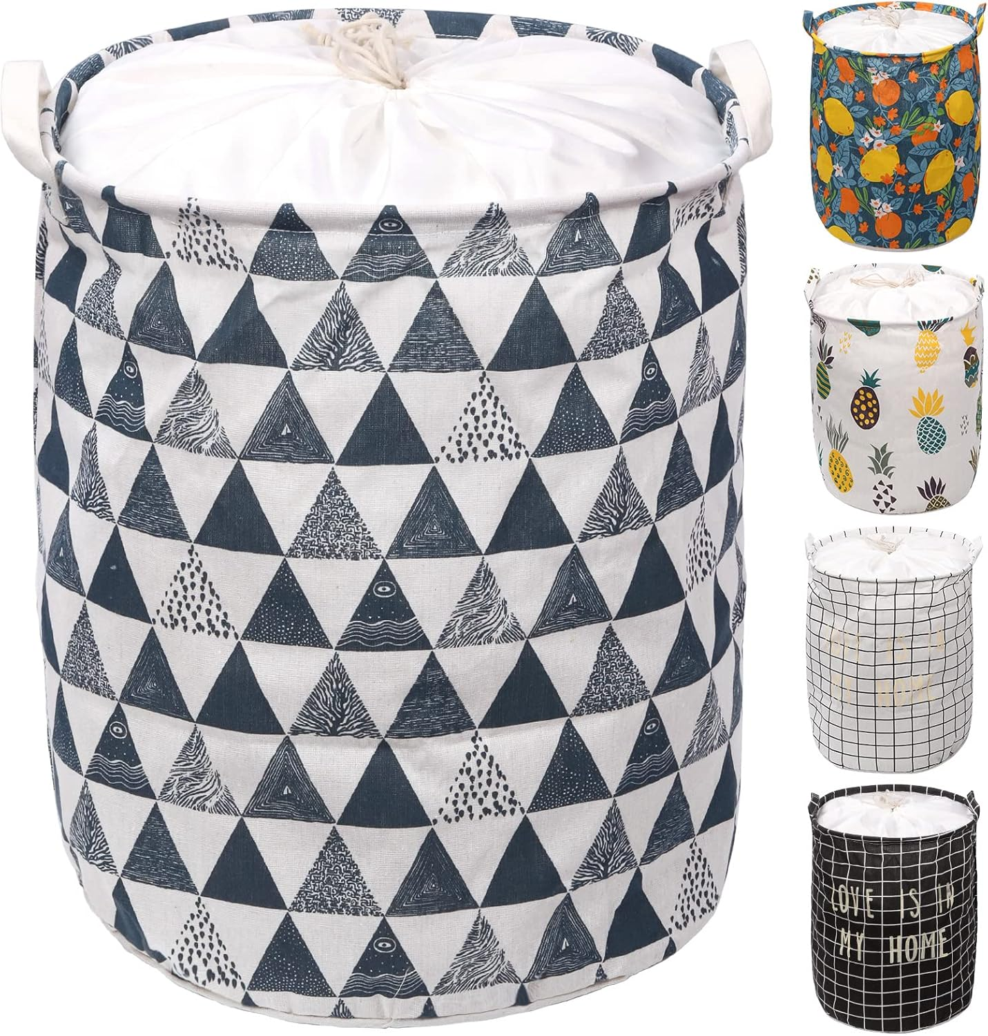 Tanstic 1Pc Freestanding Laundry Basket with Blue Triangle Pattern, Foldable Large Drawstring Clothes Hamper Collapsible Fabric Bag with Leather Handle for Clothes Washing (15.7X19.6 Inch) image number 3