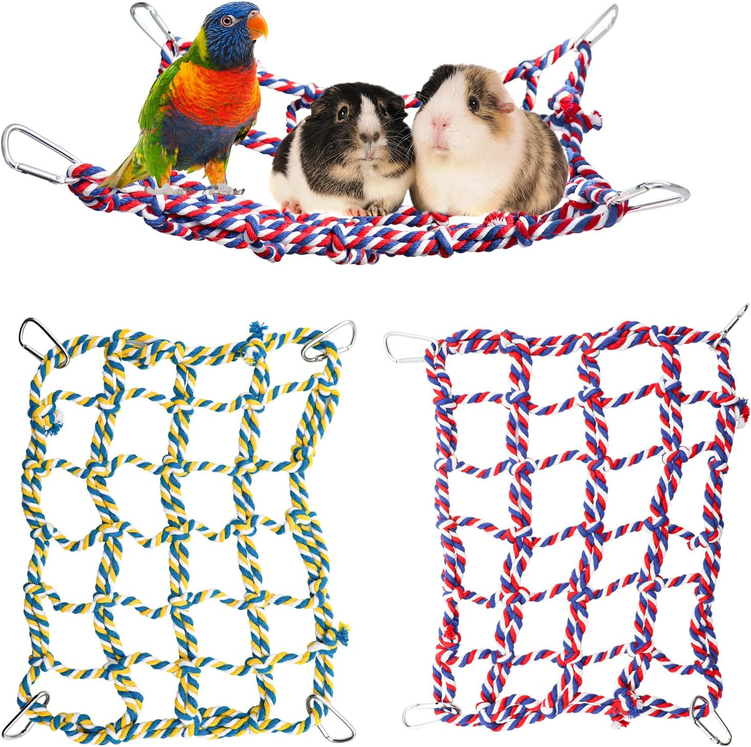 2 Pack Large Colorful Bird Rope Net, 14 &times; 10 Inches Rat Climbing Net, Pet Hanging Hammock, Bird Ladder Bridge, Small Animal Toy, Cage Accessories for Rat Hamster Bird Ferret