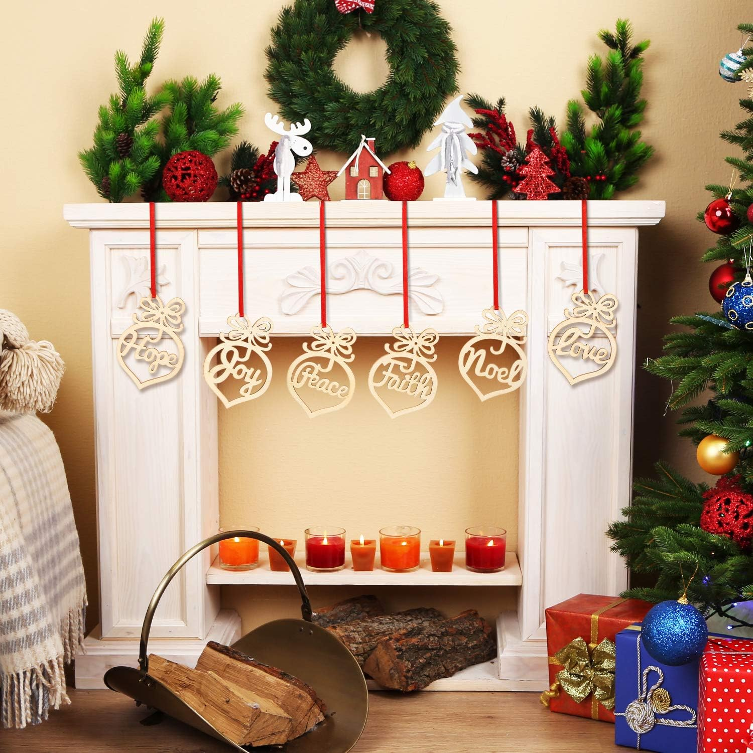 Boao 72 Pieces Christmas Wooden Hollow Hanging Ornaments Christmas Tree Hanging Tags with Red Ribbons for Xmas Decorations image number 4