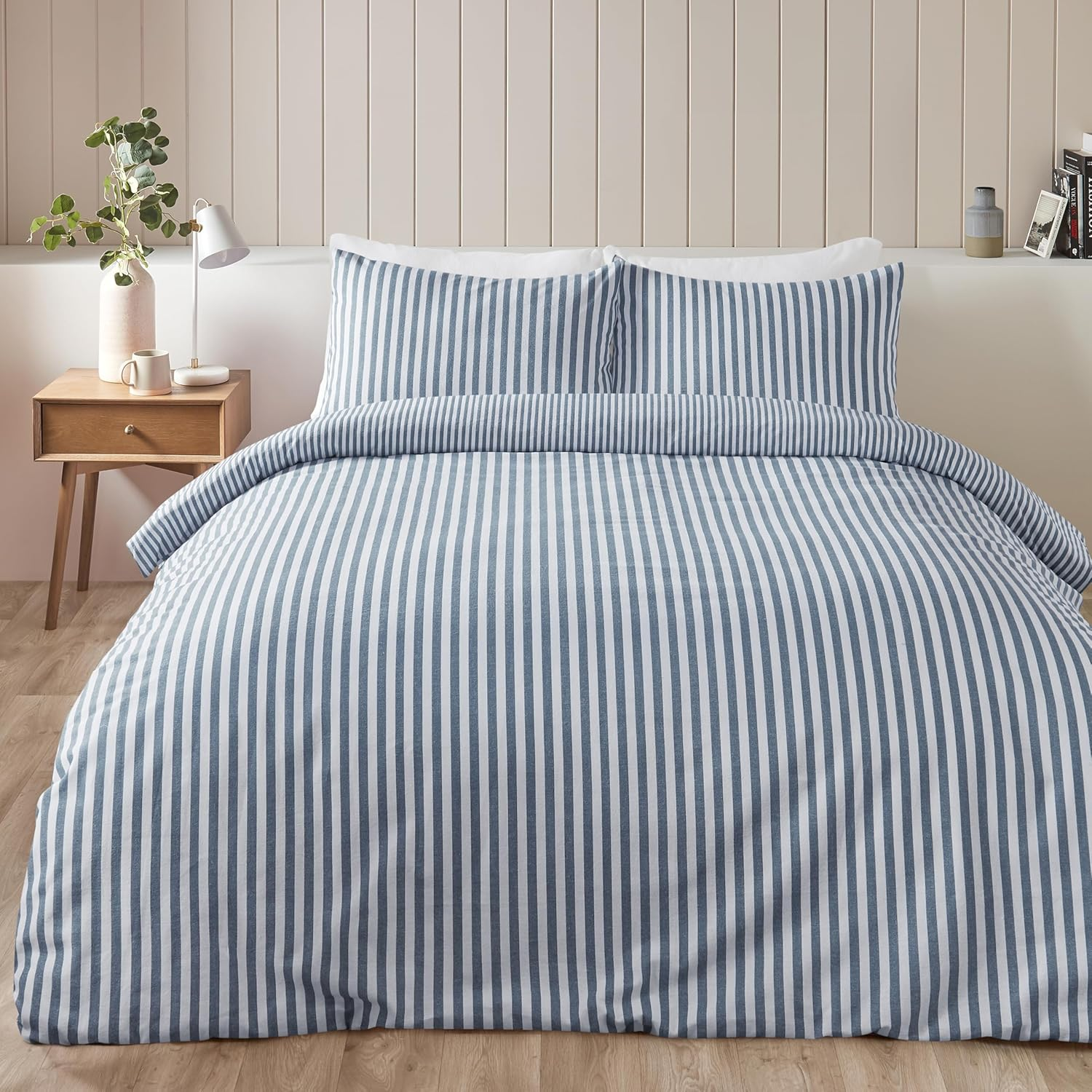 Catherine Lansfield Brushed Stripe Cotton Reversible Single Duvet Cover Set with Pillowcase Blue
