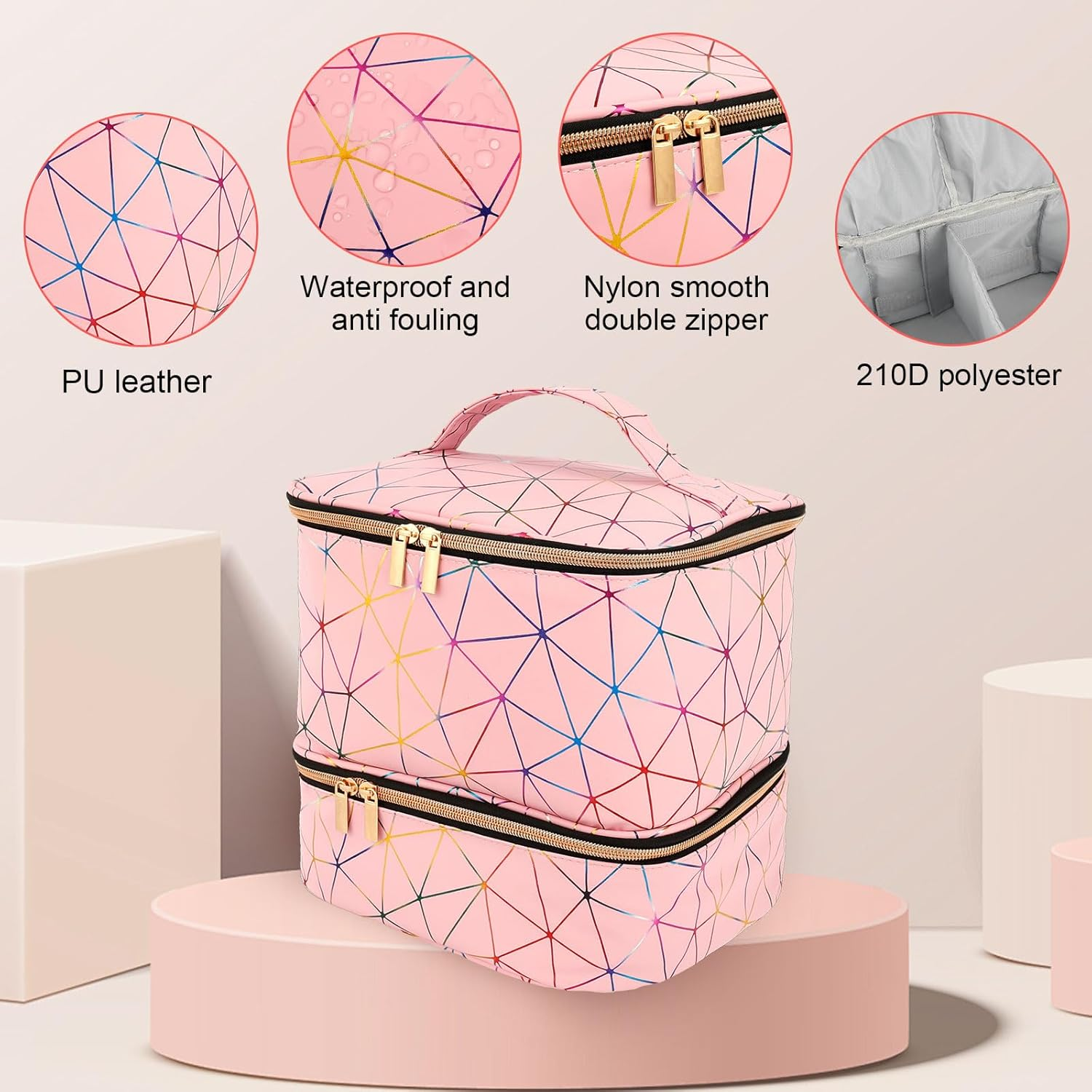 UKQRRTC Holographic Nail Polish Organizer Bag, Zipper Closure, Double Layers Nail Supplies Storage Box for Home Travel Salon