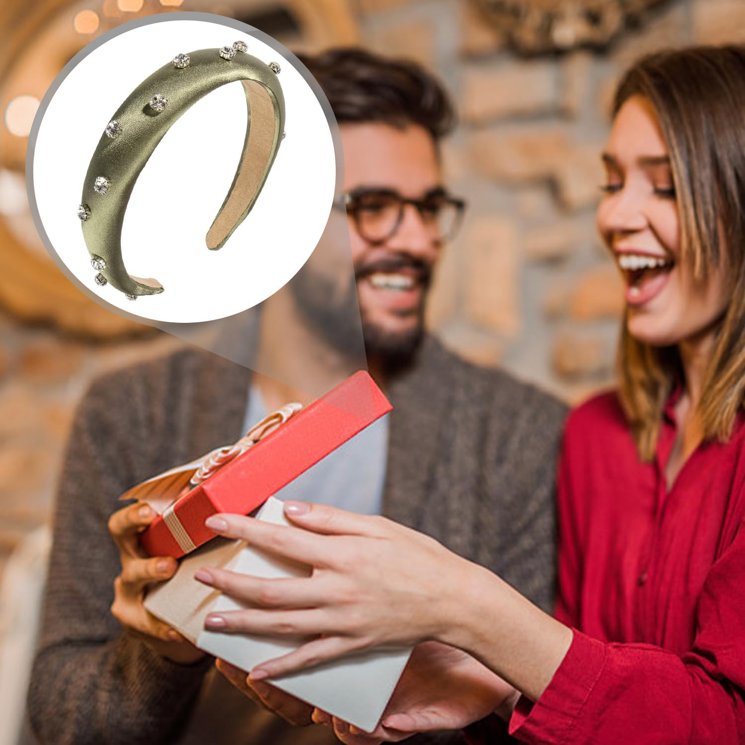 1 Piece Green Diamond Rhinestone Satin Fabric Headband Plastic Headband Suitable for Hair Accessories Unisex (Green) image number 5