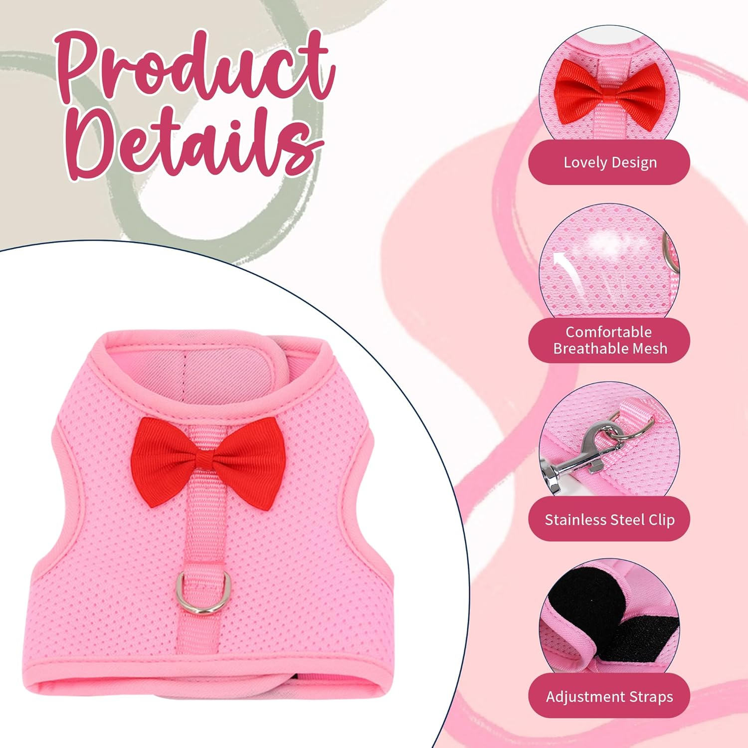 AIITLE Rabbit Harness and Leash Set with Cute Bow, Soft Breathable Mesh Vest Harness for Rabbits Kitten Ferret Puppy Small Pets Walking Supplies Pink S image number 4