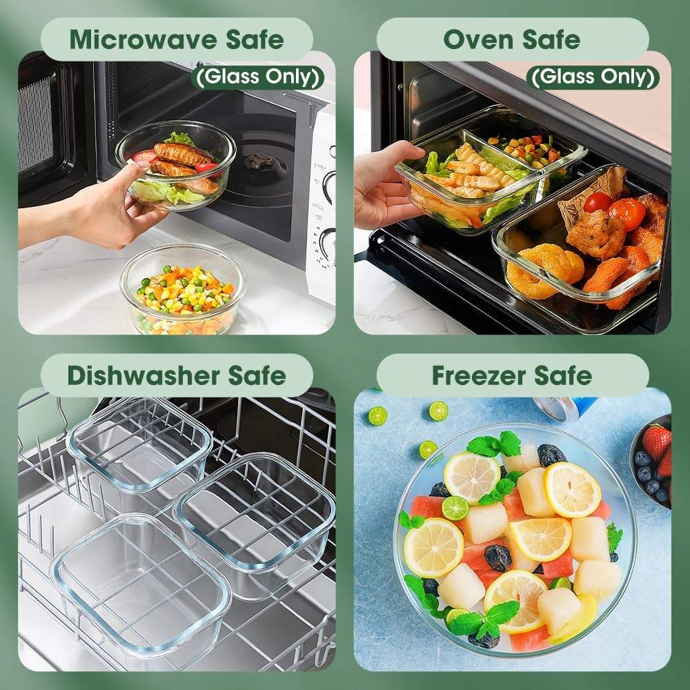 ZUNI 5 Pack 1040Ml(35Oz) Glass Food Storage Containers 2 Compartments, Glass Meal Prep Food Containers with Plastic Lids, Airtight Lunch Box, Microwave, Oven and Freezer Safe image number 1