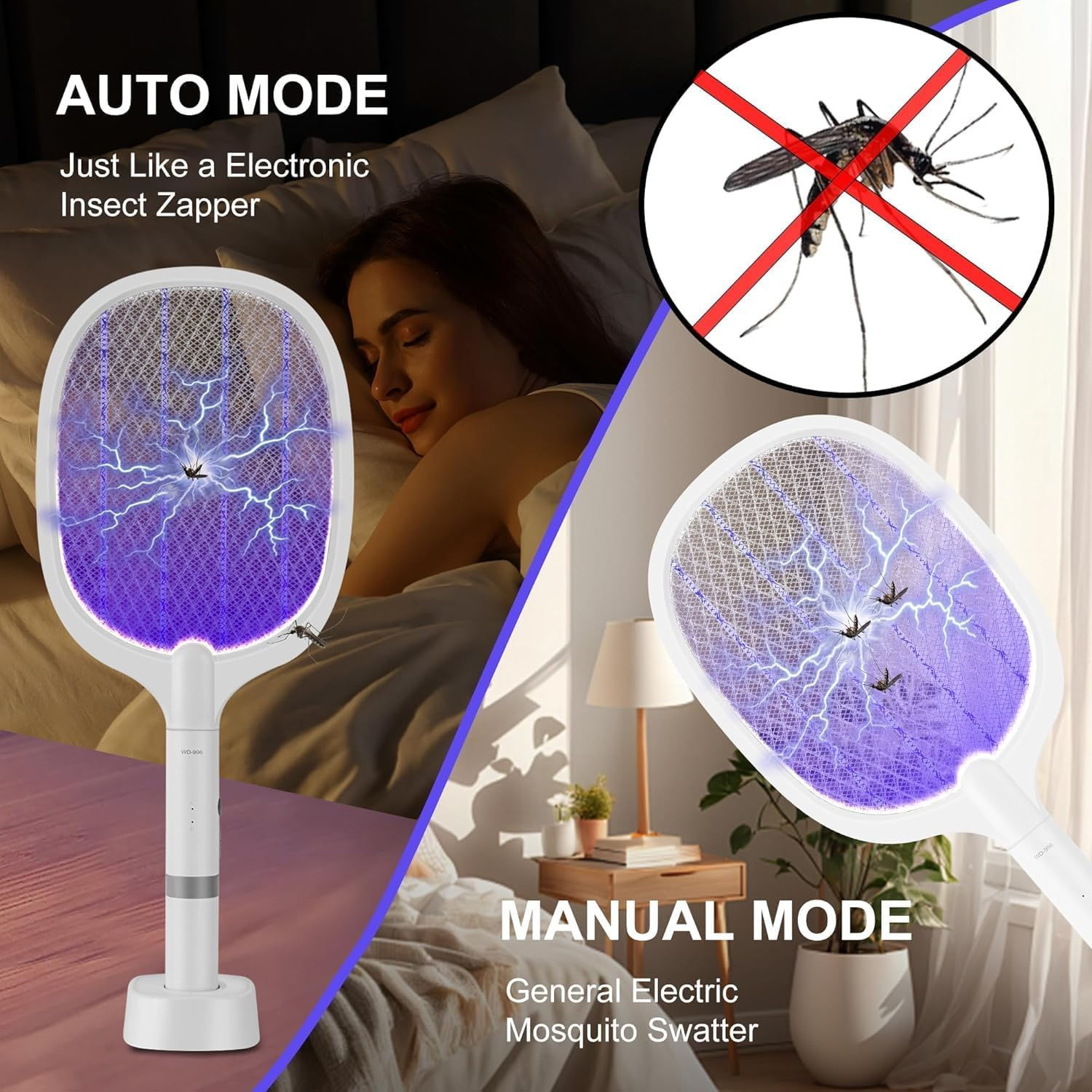 Peacafulife Electric Fly Swatter Rechargeable 4000V Bug Zapper Racket, 2-In-1 Detachable Bug Swatter Mosquito Killer with Purple Light & 3-Layer Safety Nets Portable Fly Zapper for Indoor Outdoor image number 2