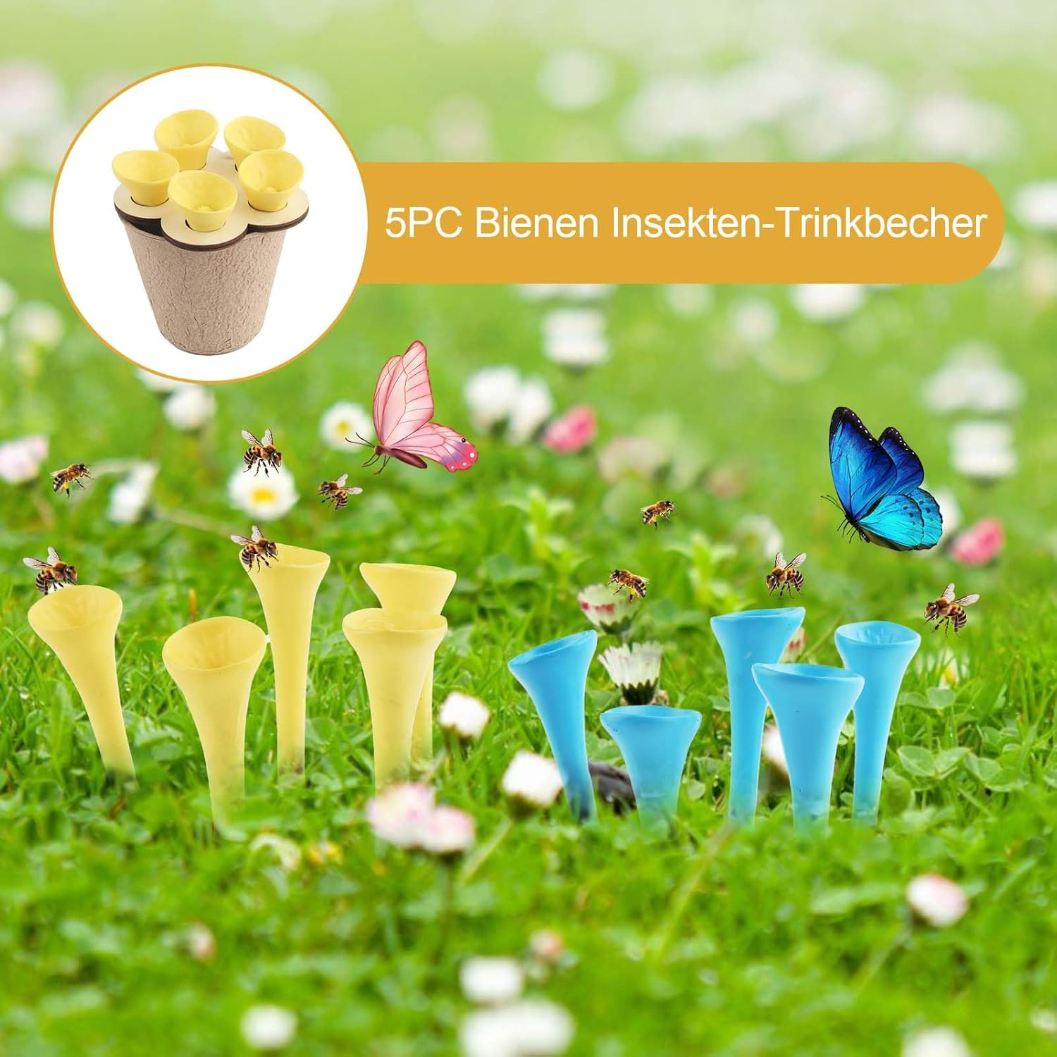 5 X Bee Insect Drinking Cups, Colourful Bee Insect Drinking Cup, Bee Cup, Thirsty Pollinators Need Drinking Water, Bees Need Safe Drinking Places (Yellow) image number 5