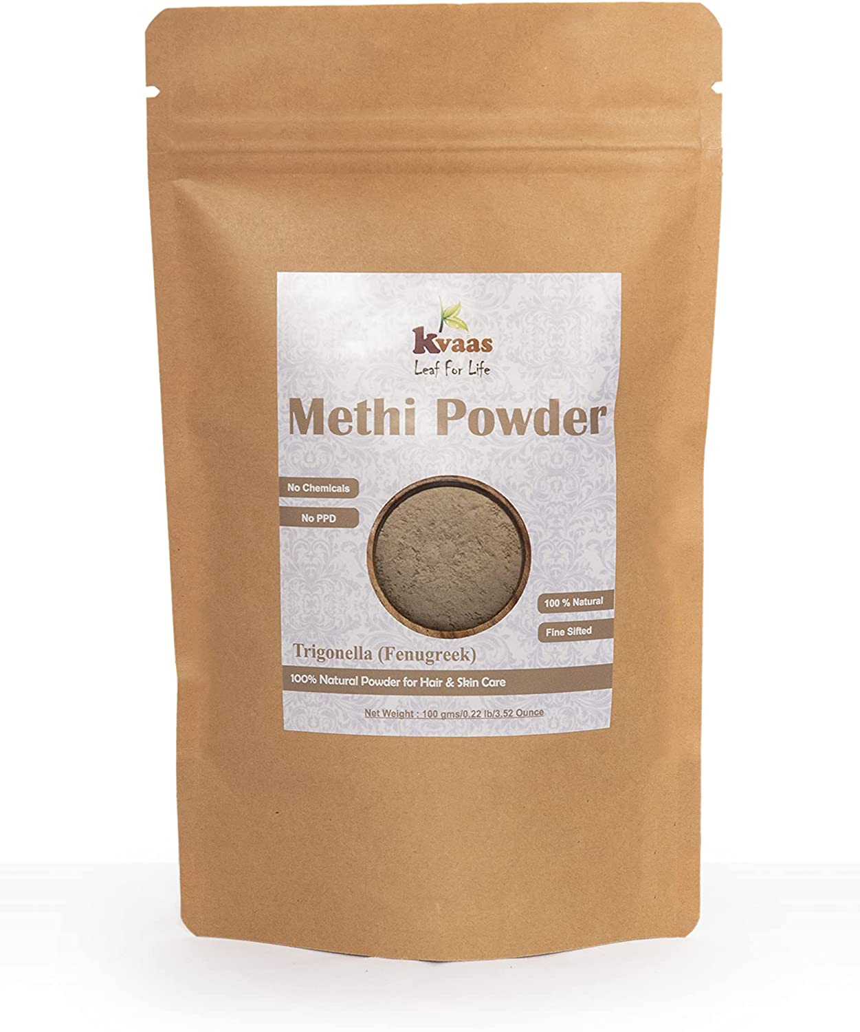 KVAAS - LEAF for LIFE Natural Fenugreek Powder | 3.53 Oz (100 G) | Trigonella/Methi | Pure Powder for Hair Care