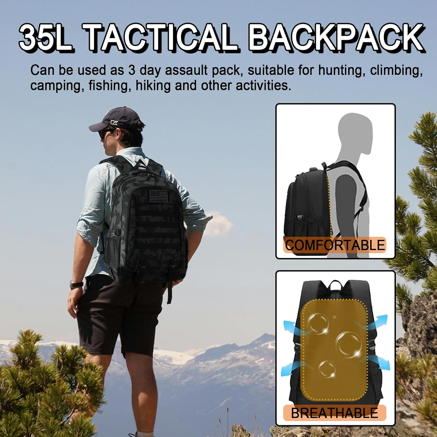 Aocmpxs Tactical Backpack, 35L Military Backpacks Hiking Daypack for Water-Resistant 3 Day Assault Bag Molle Army Pack image number 6