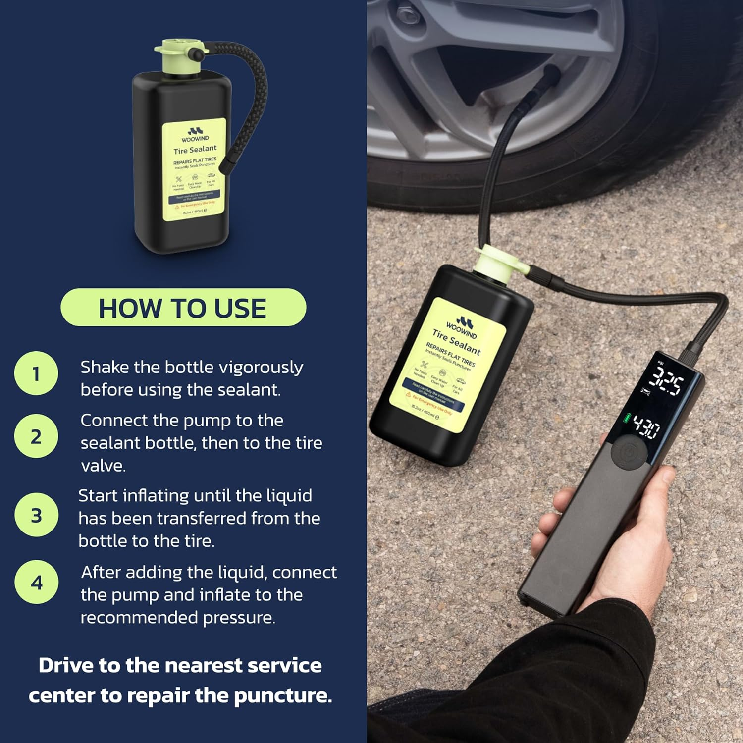 Woowind Tyre Sealant Instant Flat Tire Repair Kit (450Ml) &ndash; Seals Punctures up to 5Mm for Cars, Trucks & Suvs &ndash; TPMS Safe, No Tools Needed, All-Weather, Works with Most Inflators, Drive 125Mi image number 1