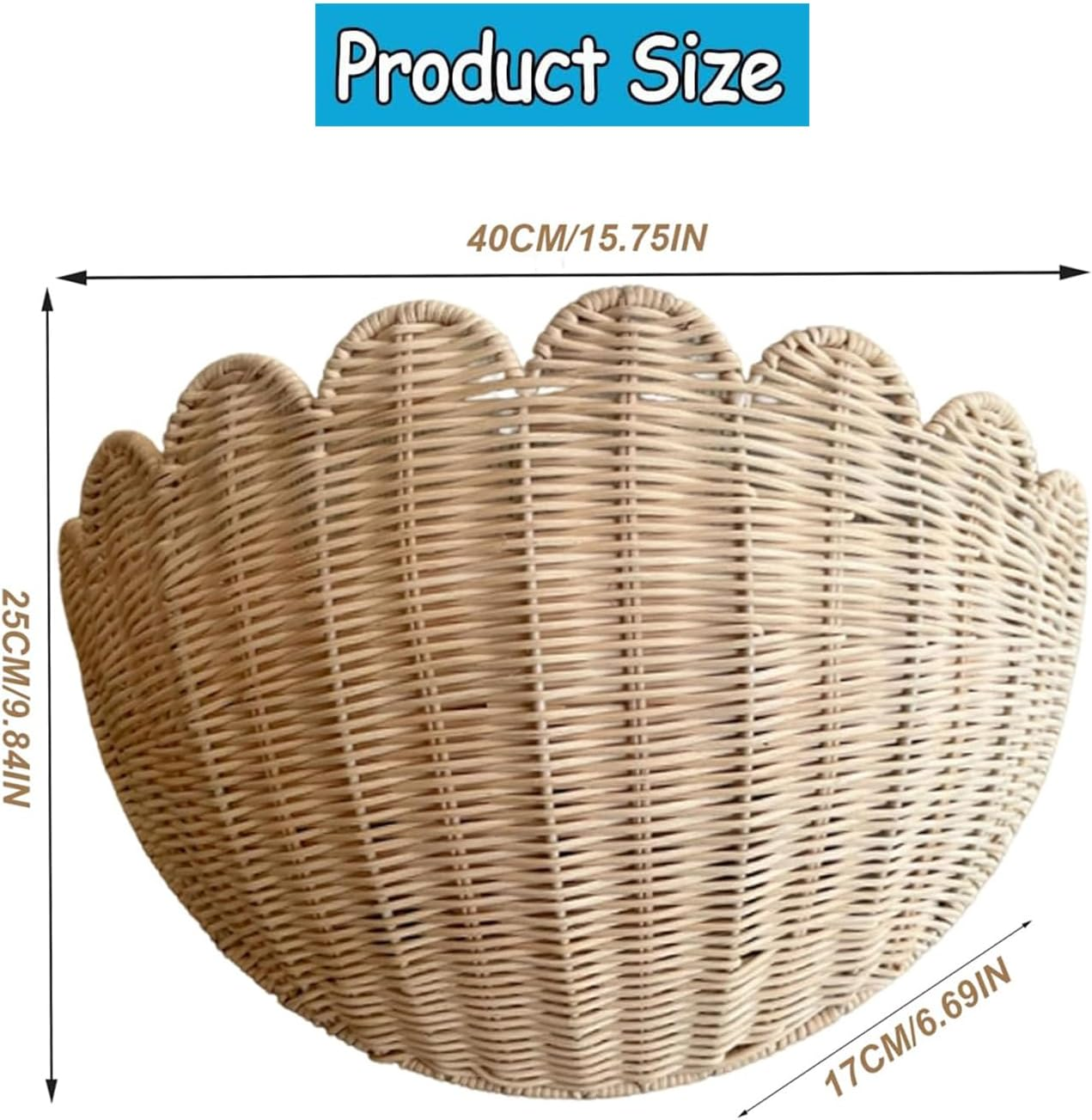 Yharnamite Wicker Hanging Basket, Rustic Scalloped Wall Hanging Woven Baskets for Kitchen, Bathroom, Living Room, Bedroom, 16X7X10 Inch image number 3