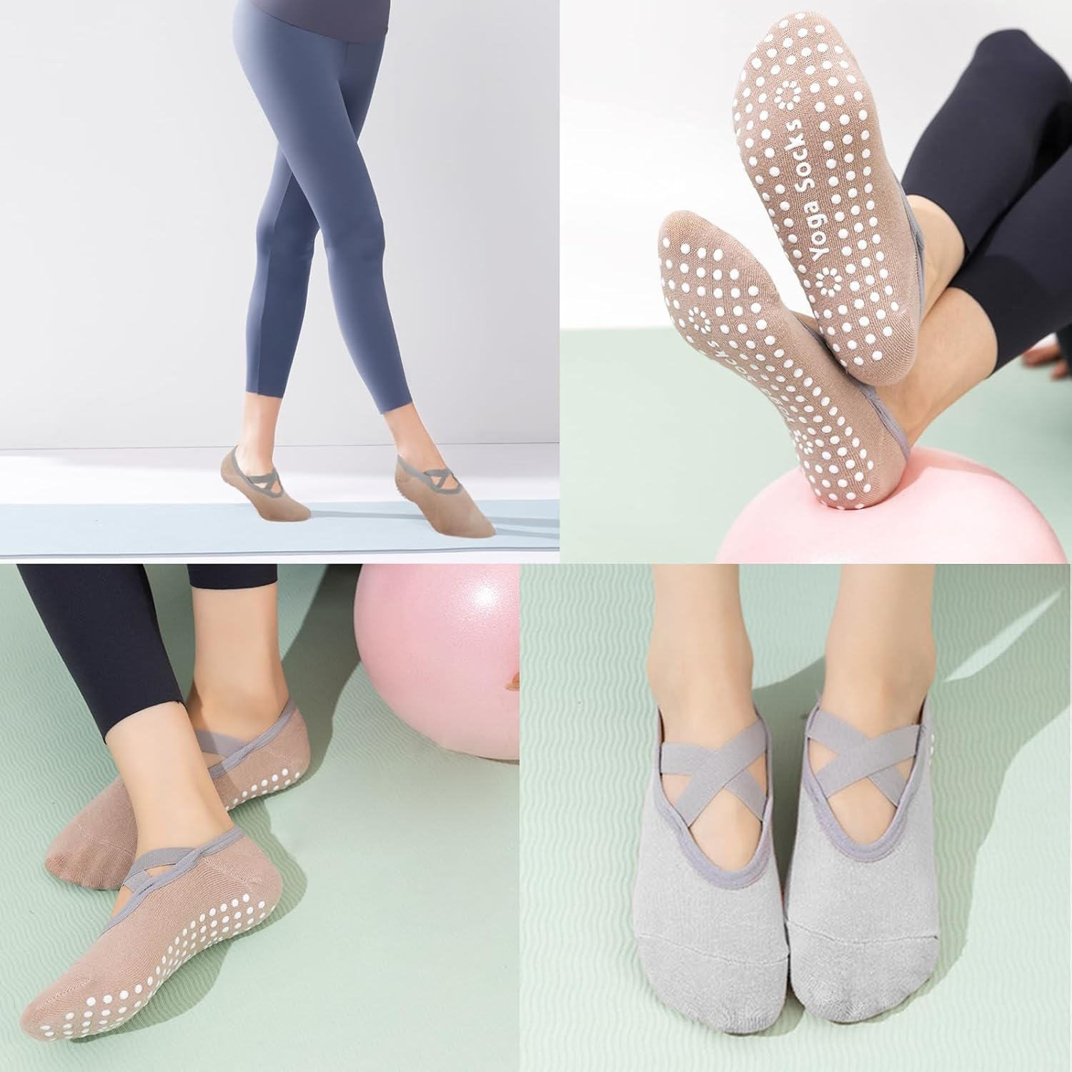 Fiohiros 4 Pairs Pilates Socks with Grips for Women,Yoga Socks with Multiple Colors Non Slip Socks for Yoga, Pilates, Ballet, Daily Wear - Pink Purple Blue Green image number 4