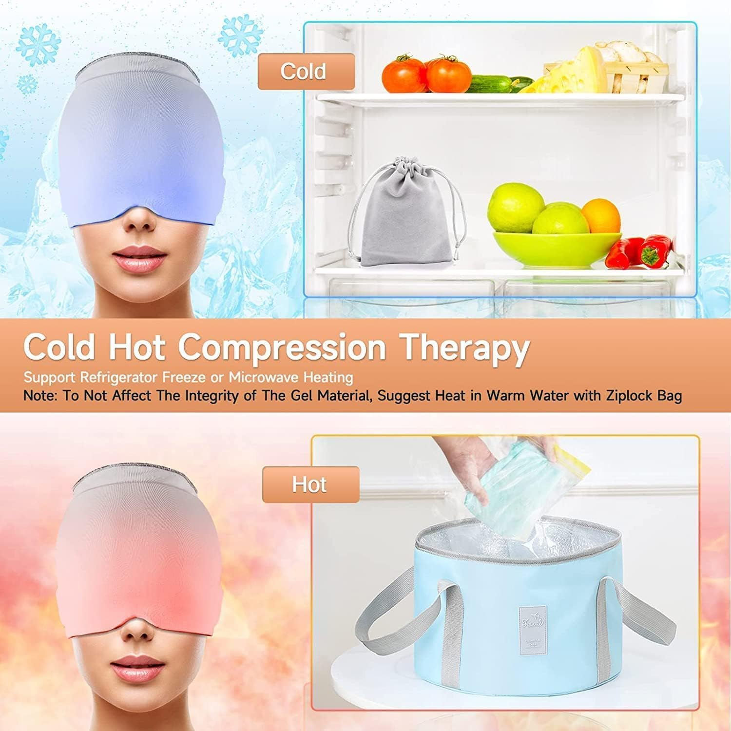 Migraine Headache Relief Cap, Hot & Cold Therapy Hat, Cool Gel Head Wrap, Headache Cap Ice Pack Mask, Cold Compress Migraine Relief Products Device for Tension & Stress (1 Gray) image number 4