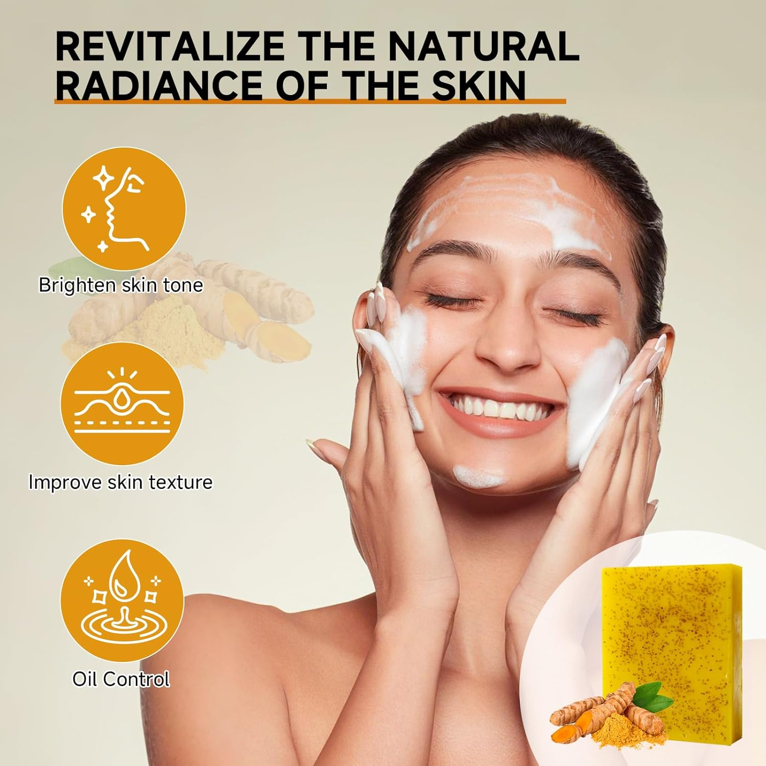 3 Pcs Turmeric Kojic Acid Soap Bar, Lemon & Ginger Handmade Cold Process Cleanser for Face-Body Brightening Moisturizing Skin Tone Care with Vitamin C 3 Foaming Mesh Bags 300G image number 5