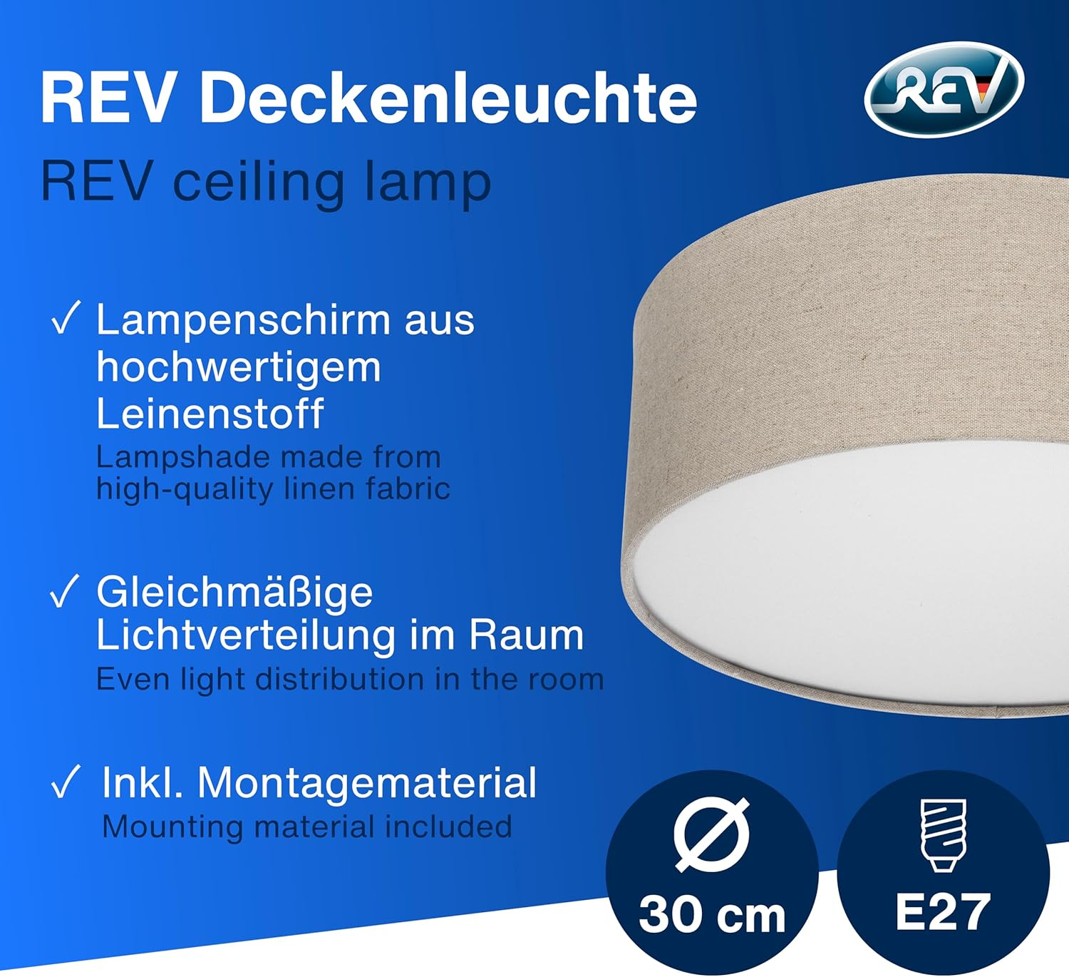 REV LED Ceiling Light, Ceiling Light for Bedroom, Living Room and Kitchen, round 30 Cm with Fabric Shade in Vintage Look, Taupe image number 1