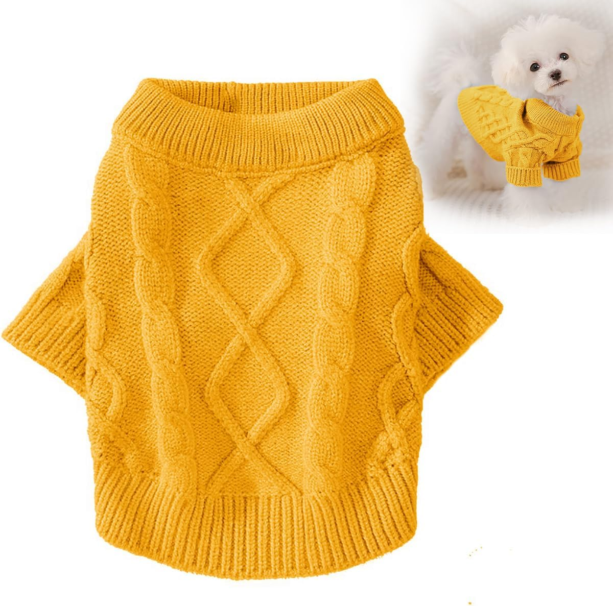 Small Dog Cat Sweaters, Puppy Jumper Sweater Warm Pullover Fleece Dog Jacket Winter Dog Clothes Cute Soft Turtleneck Knitted Classic Twist Striped Clothes for Small Medium Dogs Cat (Yellow, Large) image number 5