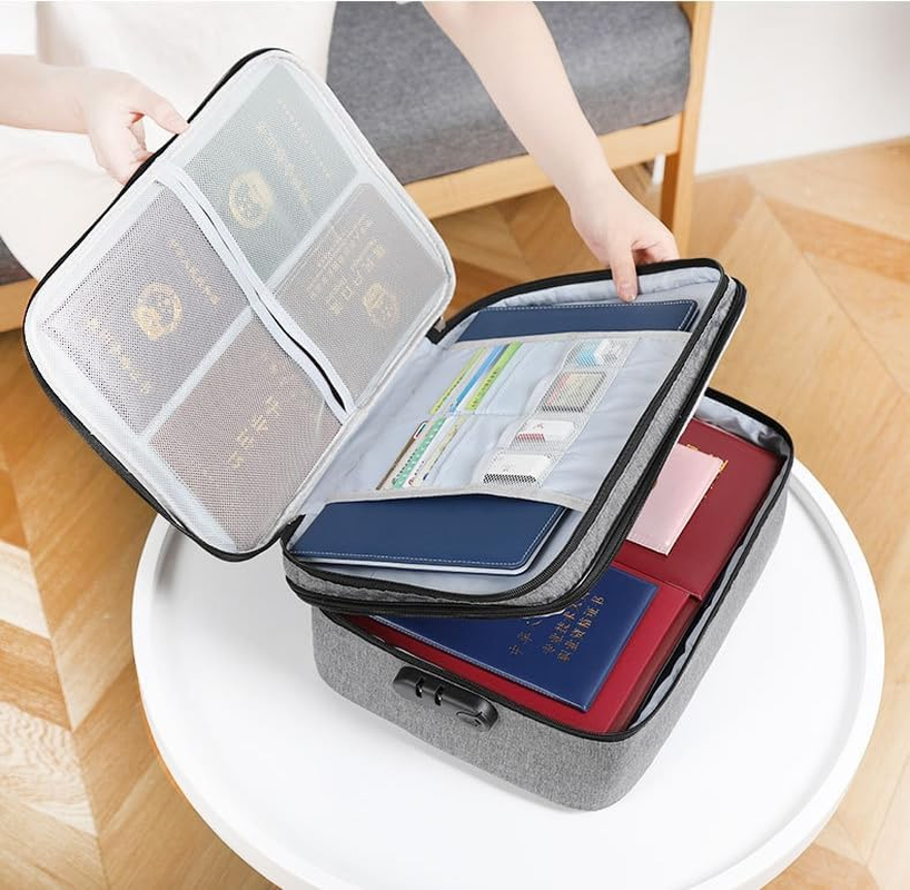 Uoffis 3-Layer Fireproof Document Organizer Bag with Lock, Water-Resistant File Storage for Important Documents, Passports
