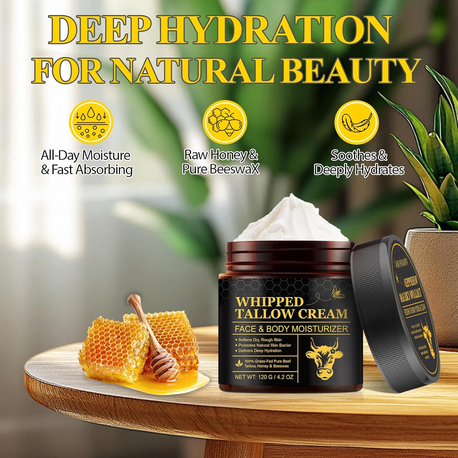 Beef Tallow Skin Care 120G - 100% Grass Lined Sebum Face Cream Nourishing Face & Body Oil Free & Unscented All Skin Types Gluten Free Glass Container image number 1