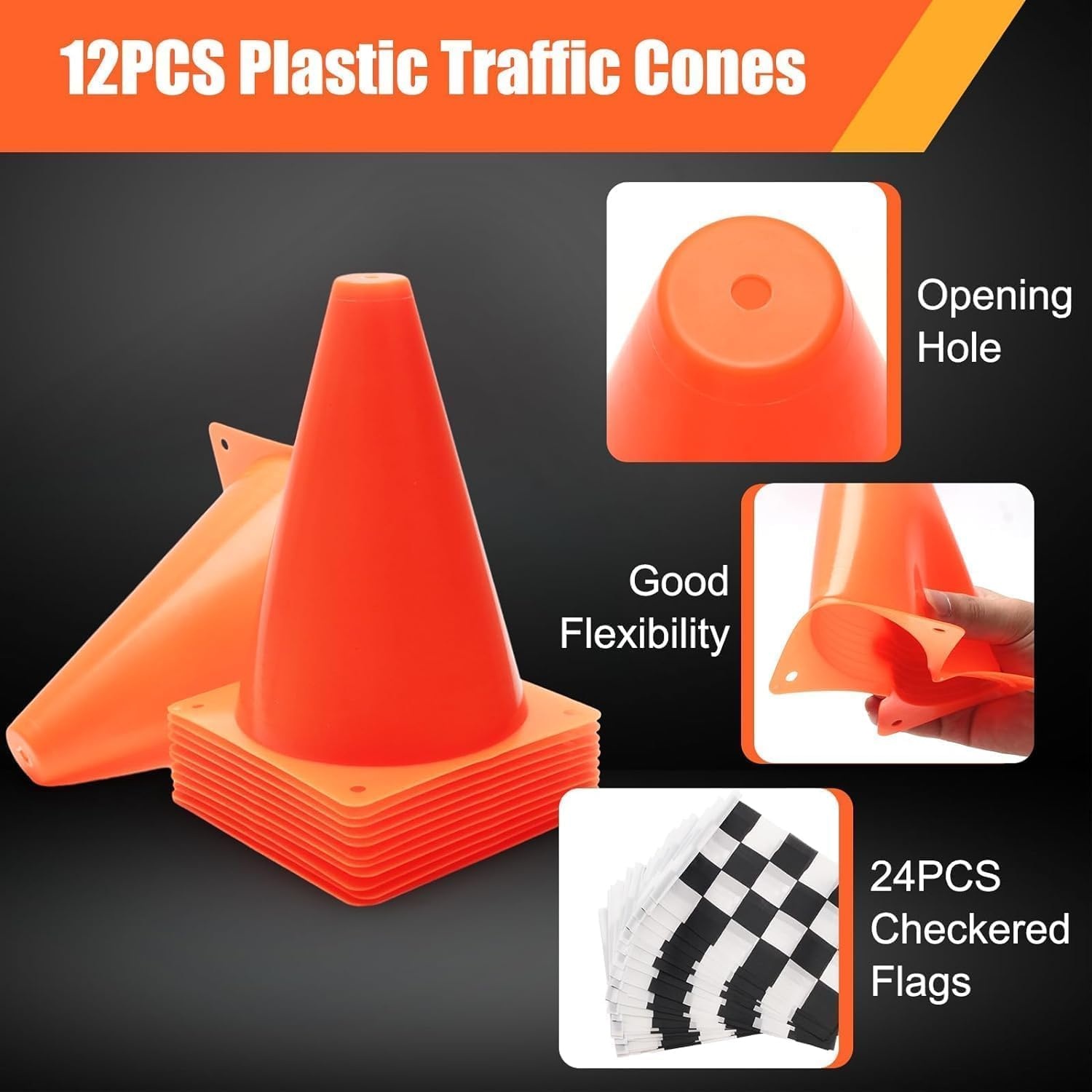 38 Packtraffic Cones and Racing Checkered Flags for Race Car Party Supplies Include 24 Checkered Flag/12 Mini Traffic Cones /6.9Ft Racetrack Floor Running /10Ft Hanging Checkered Flag image number 3