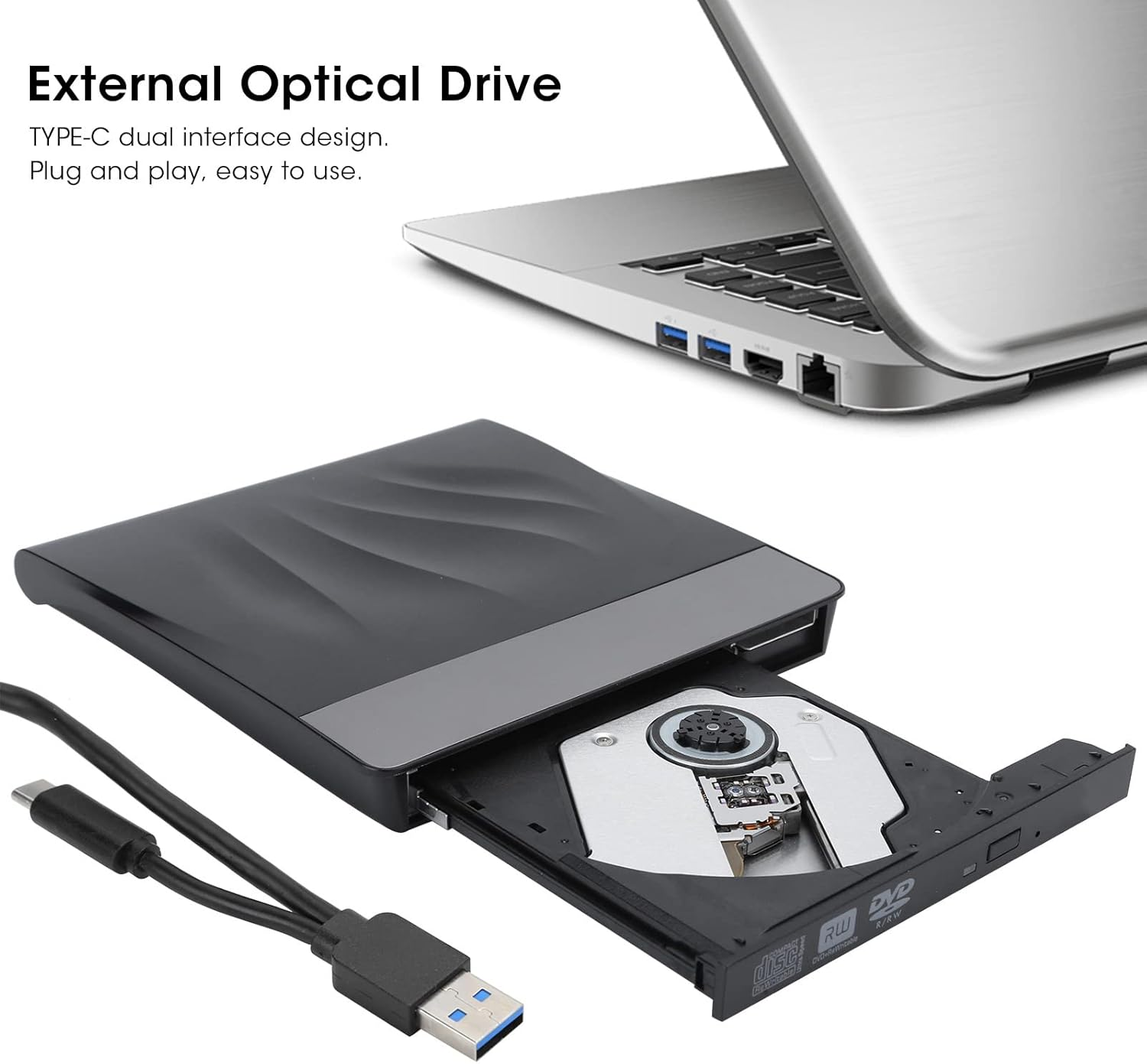 USB 3.0 External Optical Drive with Dual-Port Type-C, Portable CD DVD +/-RW Burner Writer Recorder, Compatible for 98 XP Vista OS, External DVD Drive for Laptop Desktop image number 6