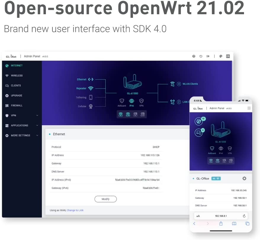 Gl.Inet GL-A1300 (Slate Plus) Wireless VPN Encrypted Travel Router&ndash; Easy to Setup, Connect to Hotel Wifi & Captive Portal, Phone Tethering, Assess Point, Pocket-Sized, Open Source, NAS (AU Plug) image number 4