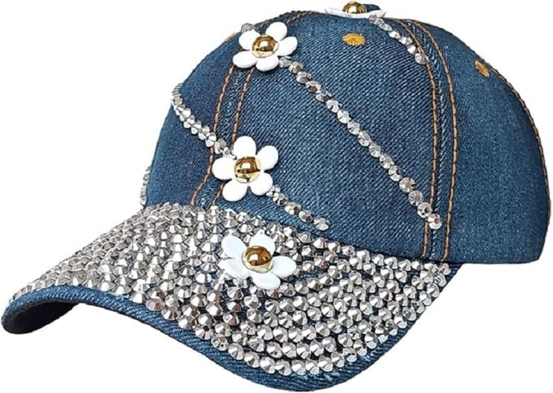 Bling Baseball Cap for Women, Adjustable Rhinestone Sun Hat with Flower Summer Sport Denim Cap image number 4