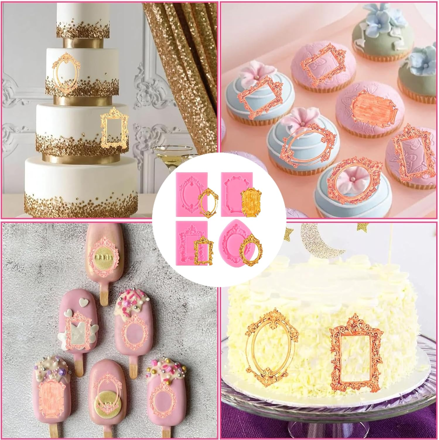 4Pcs Pink Silicone Photo Frame Fondant Molds,Baroque Style Curlicues Scroll Lace Photo Frame Fondant Molds,Mirror Silicone Molds Cupcake Topper Mirror Photo Frame Fondant Mold for Cake Decorating image number 1