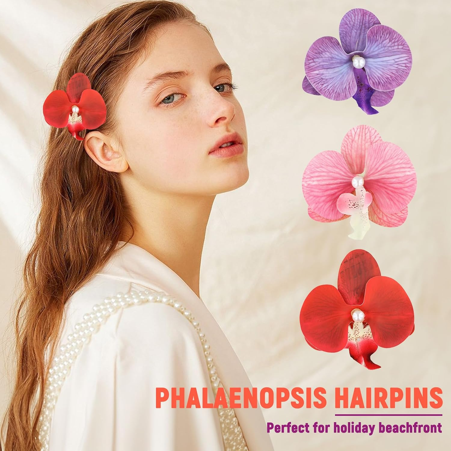 Ziyonix Pack of 3 Hair Clips with Hawaiian Flowers, Artificial Flower Clips, Bohemian Butterfly Orchid, Hair Clip for Holidays by the Sea, Women and Girls image number 2