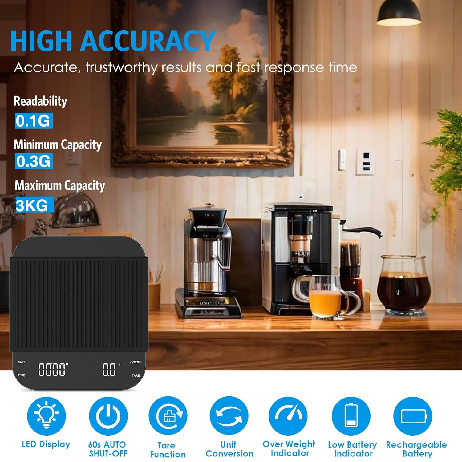 Brifit 3Kg Digital Coffee Scales with Timer, Rechargeable Espresso Coffee Scale, LED Display Espresso Scale with Tare Function, Temperature Resistant, 0.1G Precision, Auto Shut Off, Units Conversion image number 4