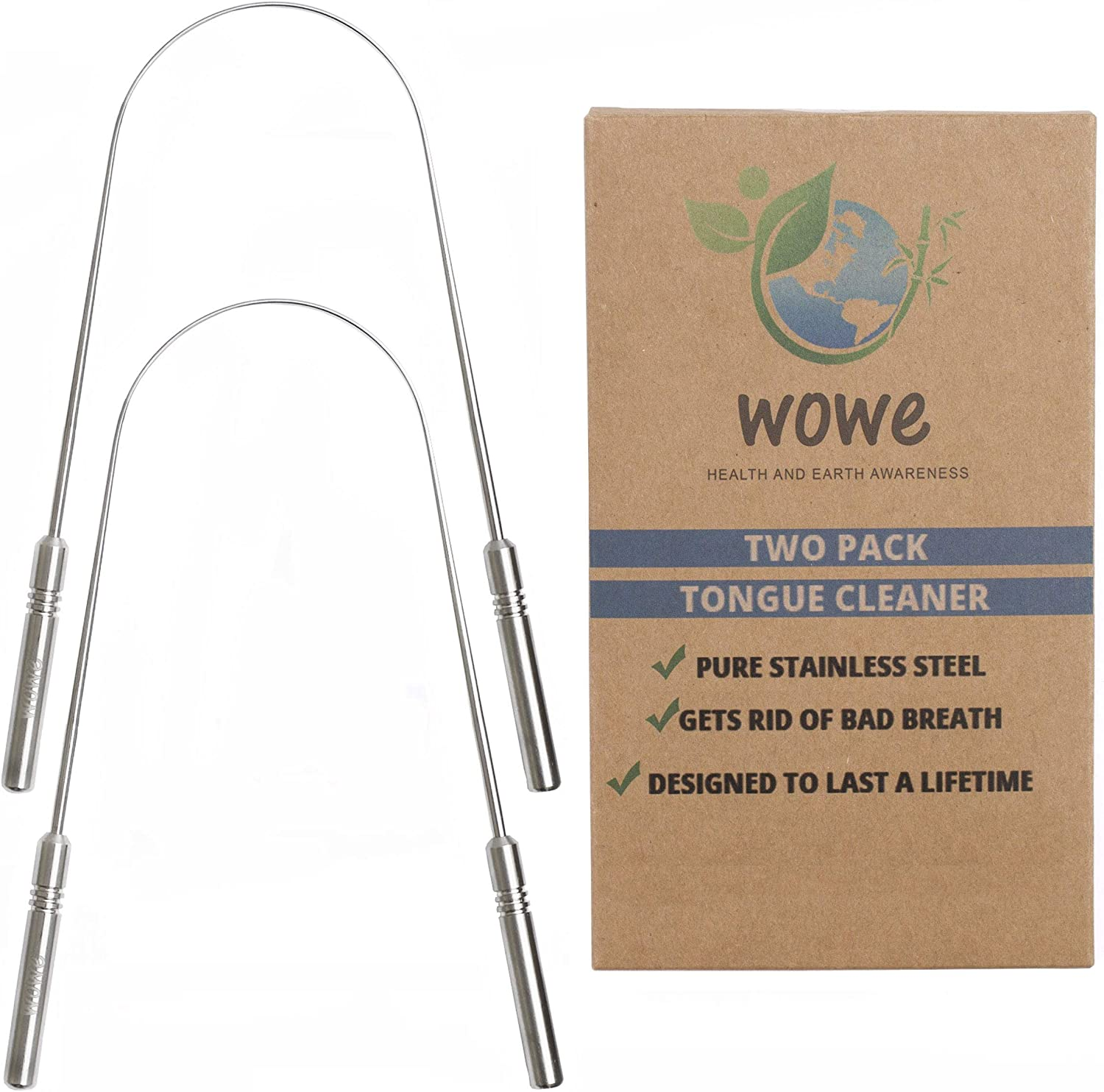 Tongue Scraper Cleaner (2 Pack) - Metal - Get Rid of Bacteria and Bad Breath - by Wowe Lifestyle Products Stainless Steel