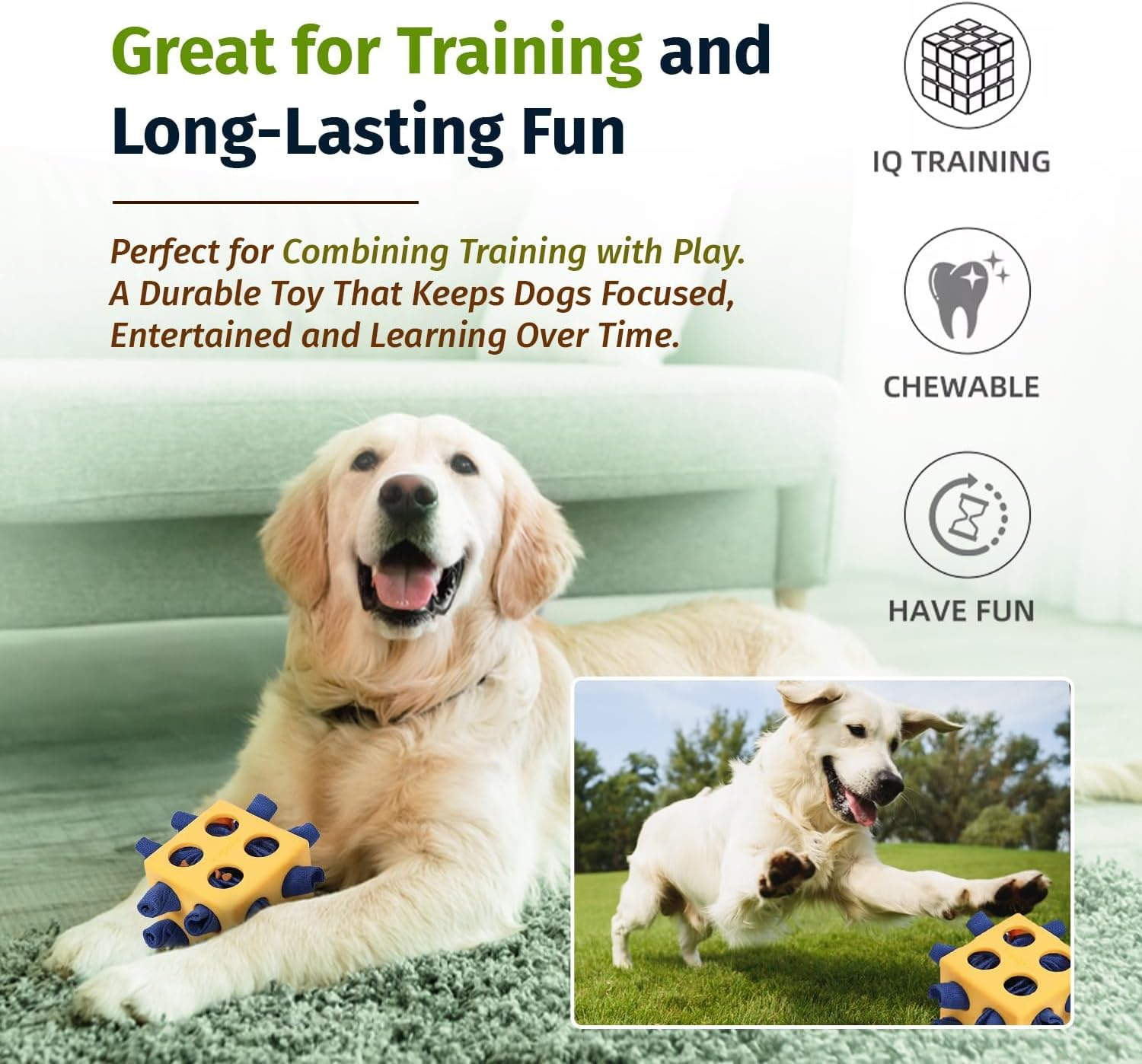 Interactive Dog Puzzle Toy, Snuffle Cube for Dogs Encourages Stimulation & Foraging Skills - Treat-Hiding Rope for Aggressive Chewers, Slow Feeder Training for Small, Medium, Large Dogs (Yellow)