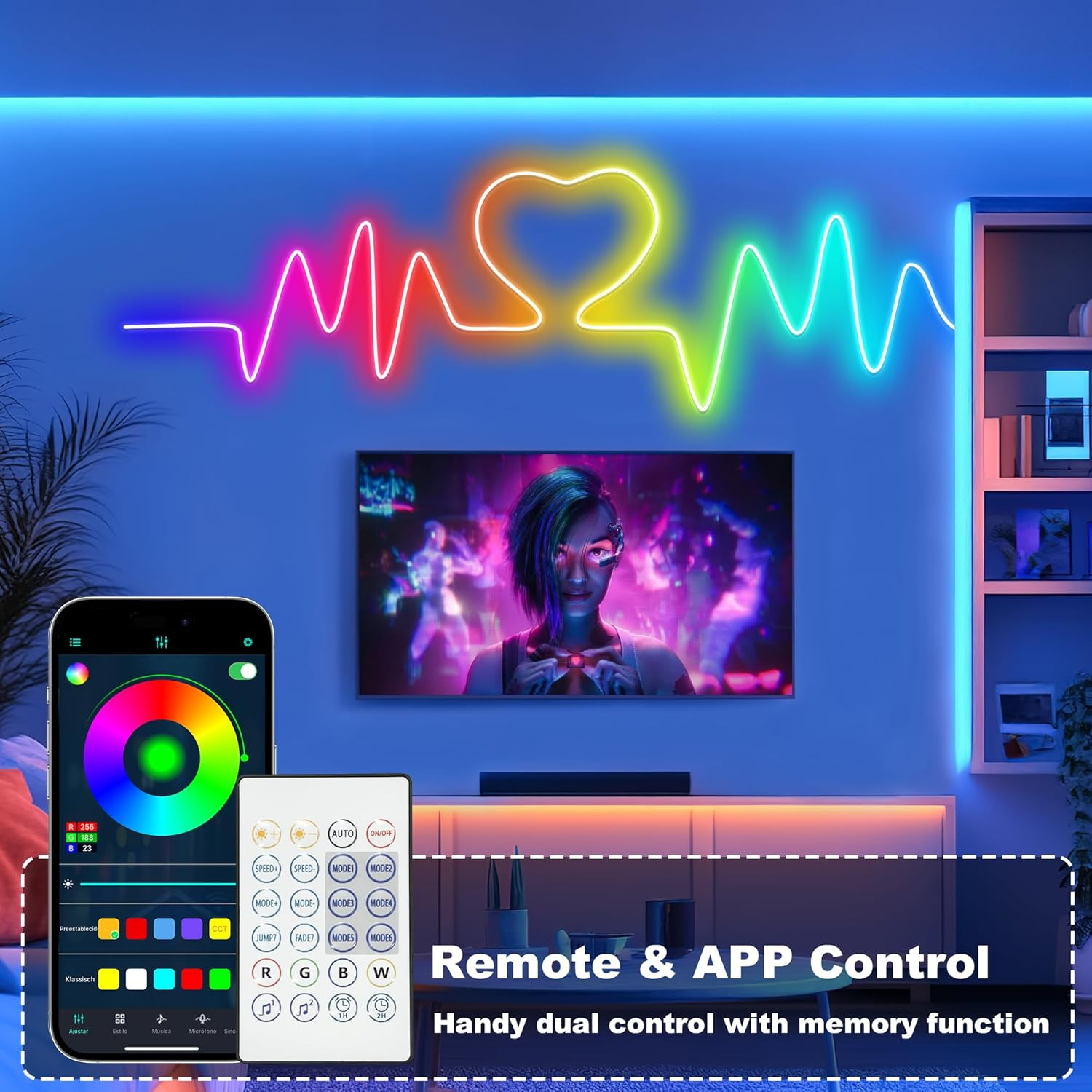 Cozylady USB Neon Rope Lights 3M,Waterproof 10Ft RGB+IC LED Rainbow Lights with Bluetooth App/Remote Control,Music Sync,Running Effect Neon Strip Light for Bedroom Gaming Wall Decor Outdoor image number 2