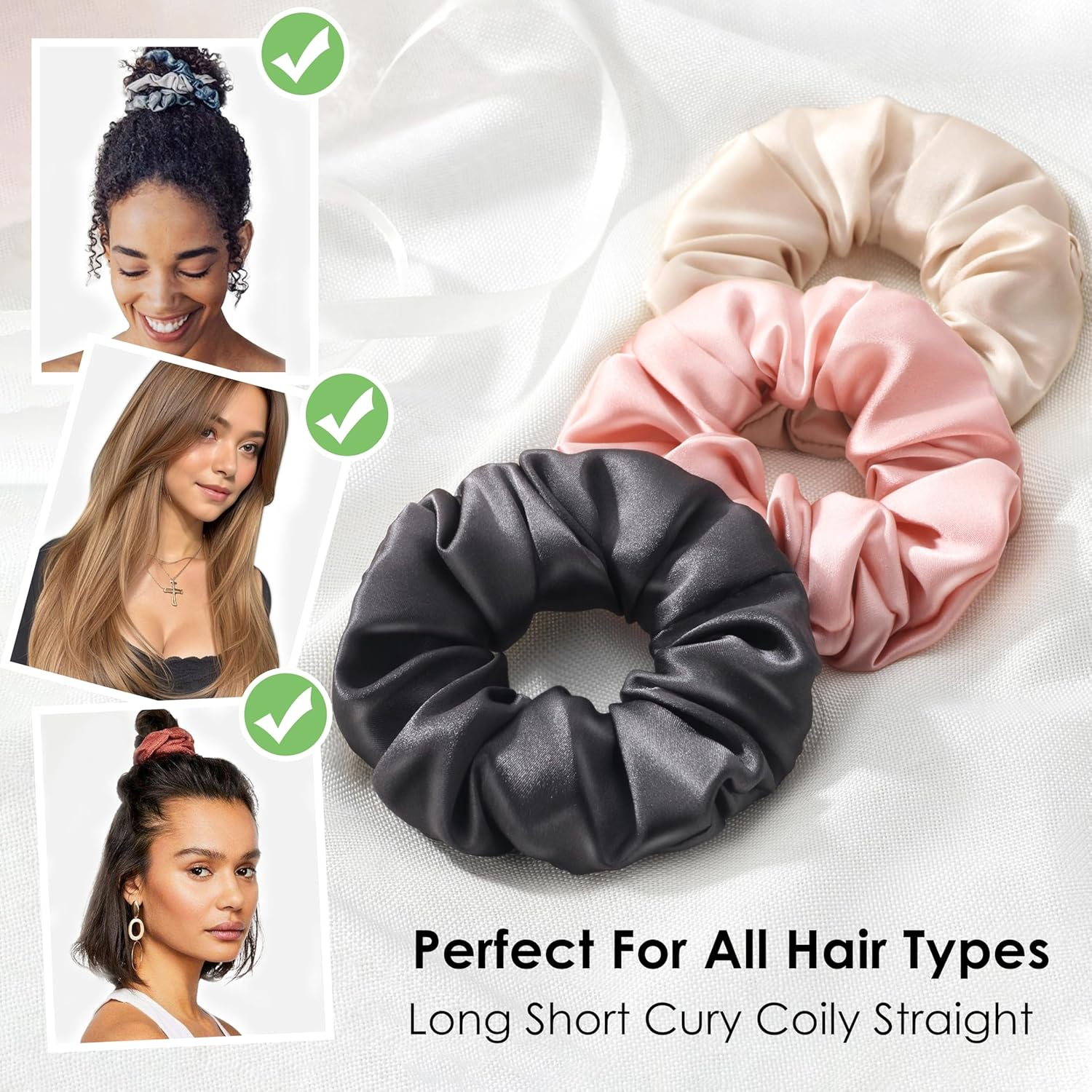 Michooyel 3Pack Silk Scrunchies - Mulberry Silk 16 Momme Scrunchies with Elastic Band - Hair Ties for Women & Girls image number 4