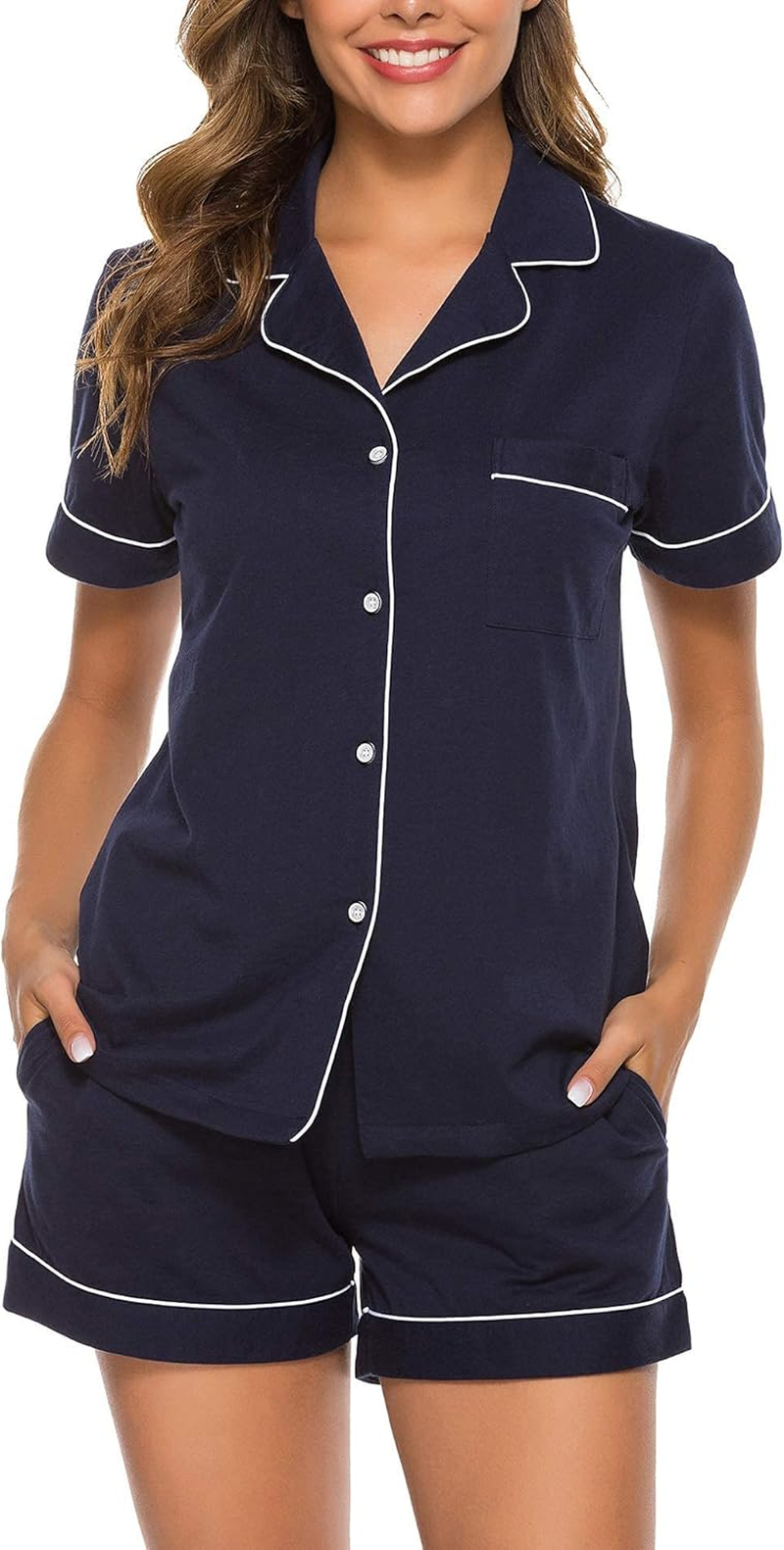 Women'S Breathable Cotton Pajama Set - Summer Short Sleeve Sleepwear with Button-Down Top & Pockets, Perfect for Maternity, Home & Travel (S-XL)