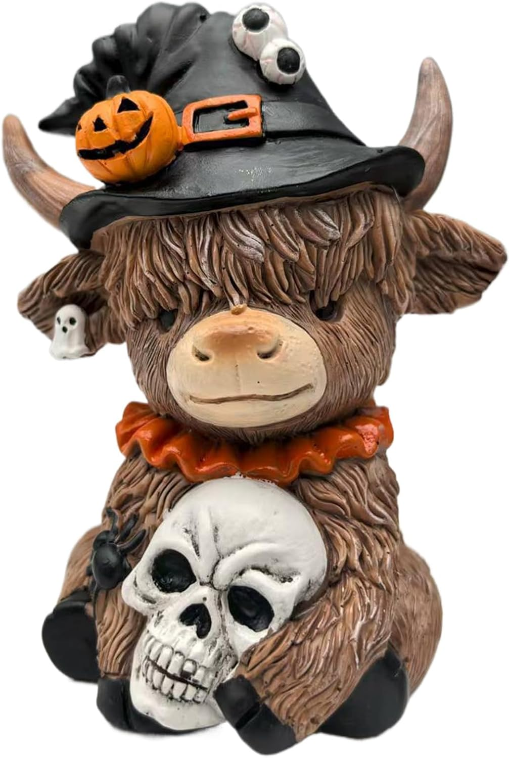Highland Cow Halloween Decor - Unique Figurine with Pumpkin, Skull & Spider, Ideal for Indoor Home Garden Kitchen Office Table image number 4