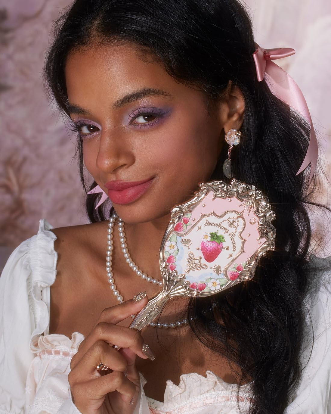 Flower Knows Strawberry Rococo Handheld Mirror, Soft Pink, Gold Frame, 8.6L X 3.9W Inches, Tabletop Mount, Aesthetic Princess Mirror, Perfect for Touch-Ups and Travel