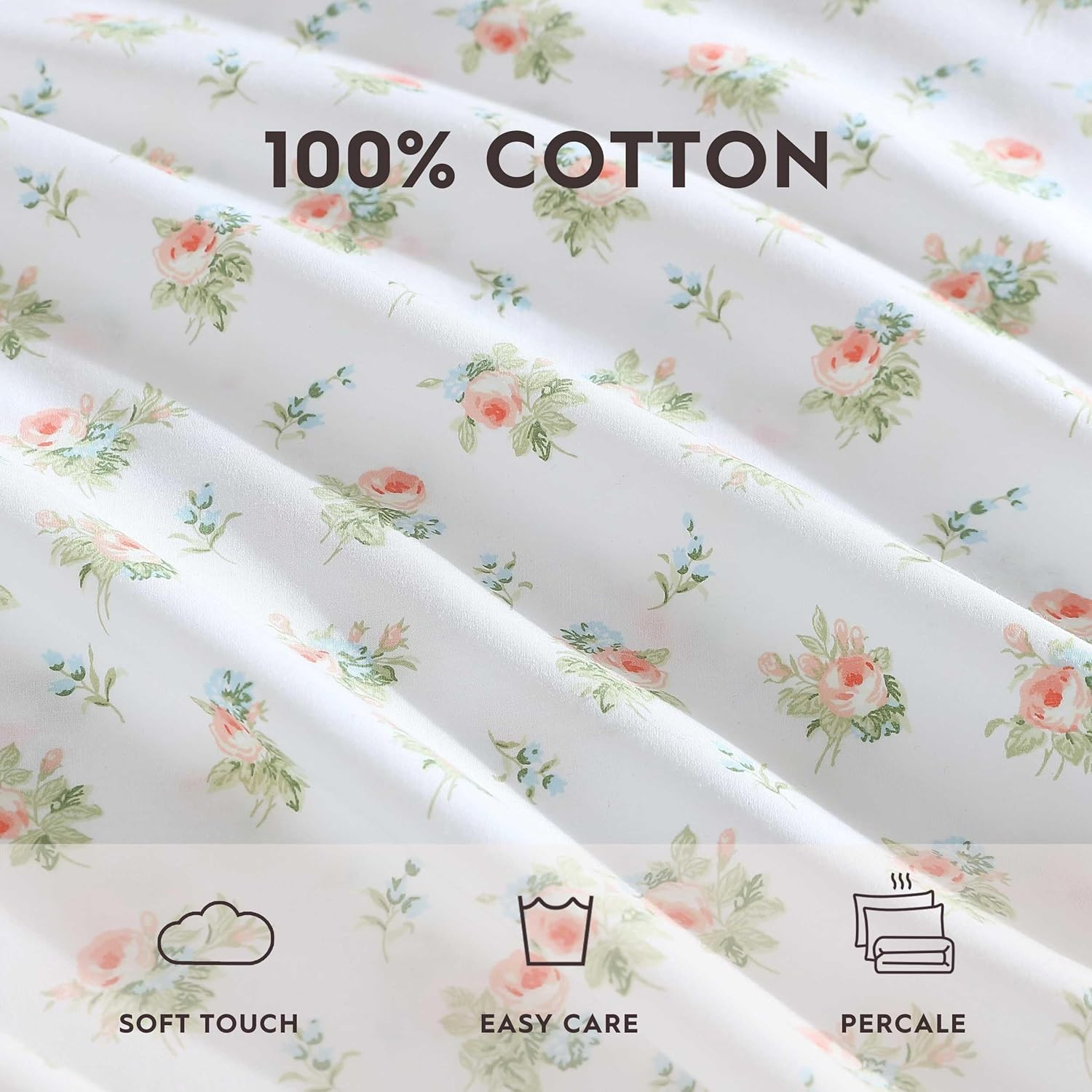 Laura Ashley - Queen Sheet Set, Breathable Percale Cotton Bedding, 200 Thread Count, Floral Home Decor (Roseford Orange, Queen) image number 4