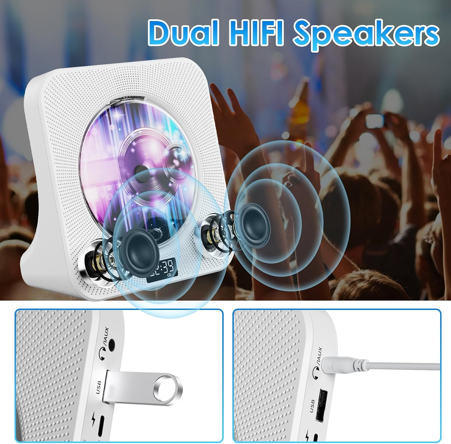 Gueray Desktop CD Player Bluetooth CD Player with Speakers for Home, Portable CD Player with AUX USB Headphone Jack FM Radio Multifunctional CD Player with Remote Control, LCD Display for Kids Gift image number 4