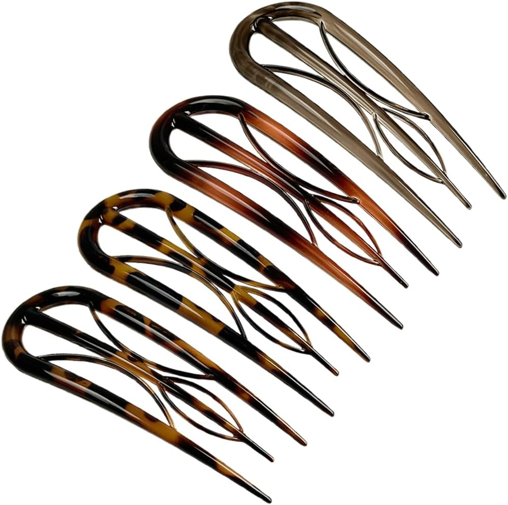 Pack of 4 U-Shaped Hair Pins, French Hair Clips, Large Resin, Double Insert, U-Shaped Hair Clips, Vintage Hairpin Clip