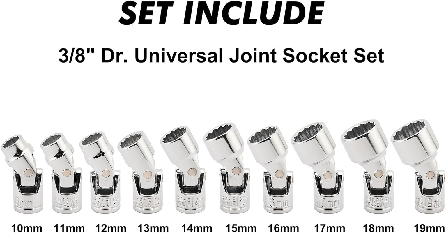 CASOMAN 3/8" Drive Universal Joint Socket Set- 10 Piece Flex Socket Set, 12-Point, Cr-V, Metric, 10-19Mm, Mirror Chrome Finish image number 3