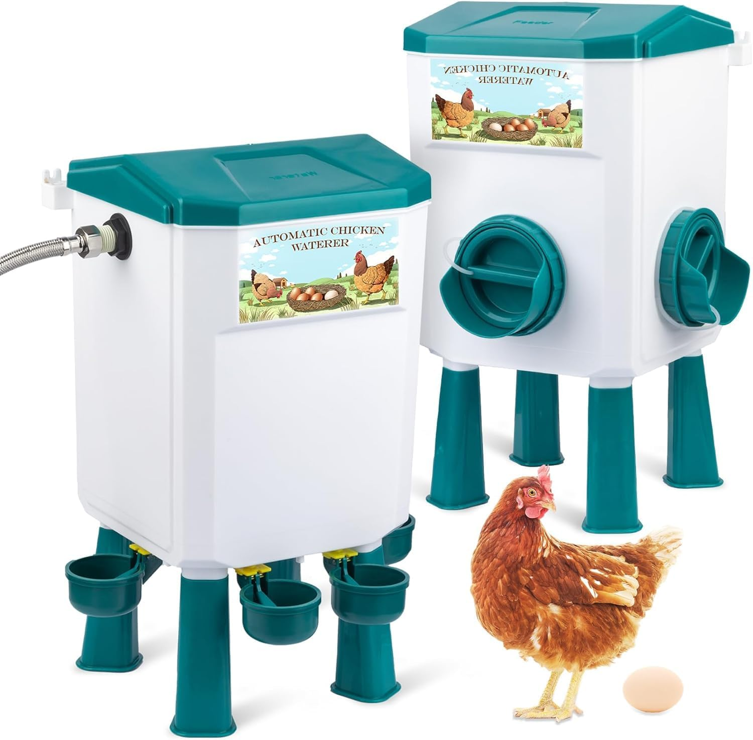 Automatic Chicken Waterer and Port Feeder Set,3 Gallon/25 Pounds,Free-Standing Chicken Waterer with Floating Controlle 12Kg / 11L Green