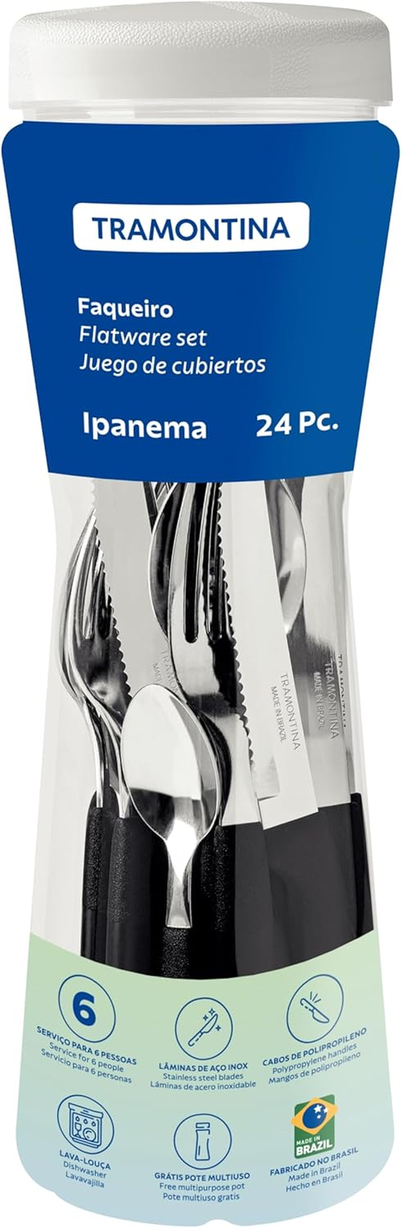 Tramontina Ipanema Stainless Steel Tableware 24-Pieces Set with Polypropylene Handles and Plastic Container, Black - Blue image number 6