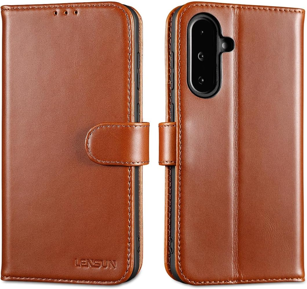 LENSUN Leather Case for Samsung Galaxy A25 5G, Genuine Leather Case [Card Slot] [RFID Protection] [Genuine Leather] Mobile Phone Case [Foldable] Mobile Phone Case for Samsung Galaxy A25 &ndash; Dark Brown