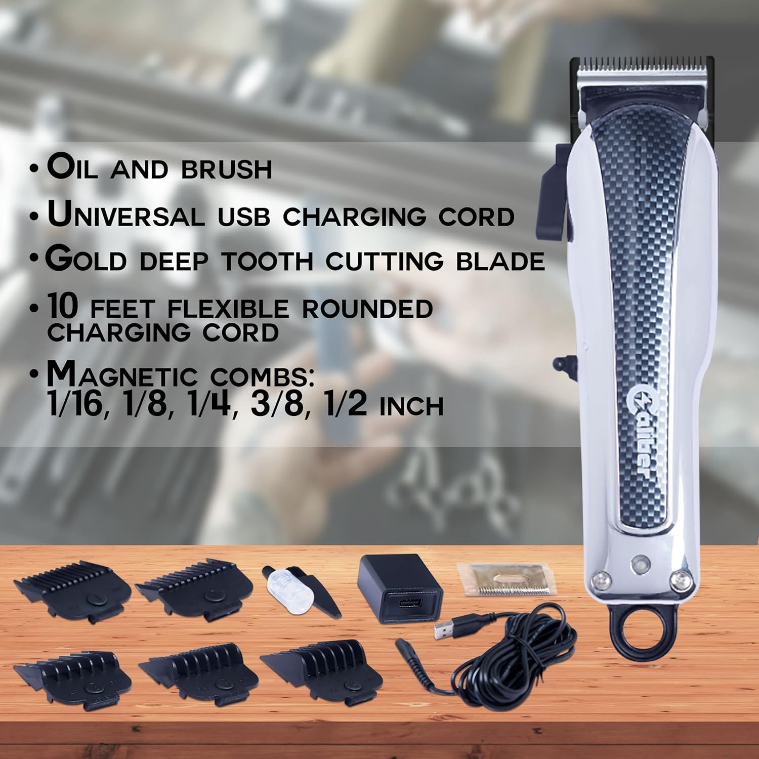 Caliber Pro 9MM Mabuchi Clipper - Professional Hair Cutting Tool Set - Cordless Electric Clippers with 5 Comb Guards, Blade, Oil, USB Charging Cord & Brush - Personal Hair Grooming Kit for Men image number 6