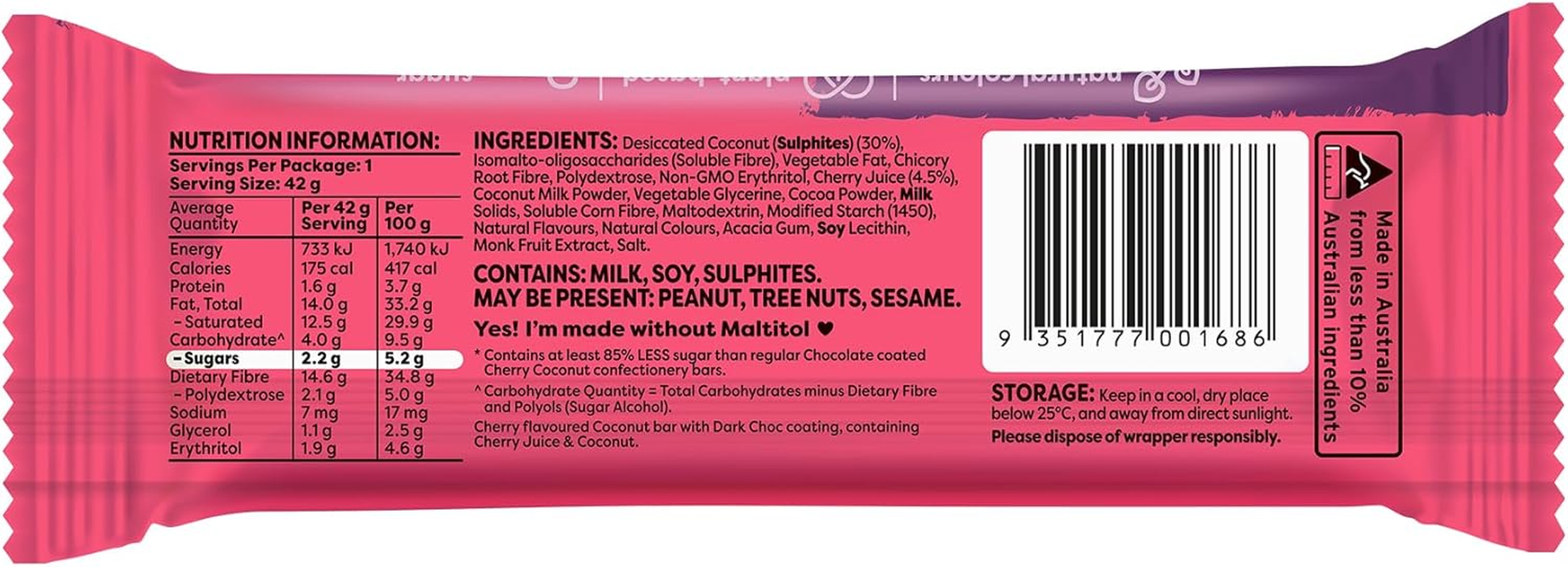 Noshu 85% Less Sugar Dark Choc Cherry & Coconut Bar (12 X 42G Bars)