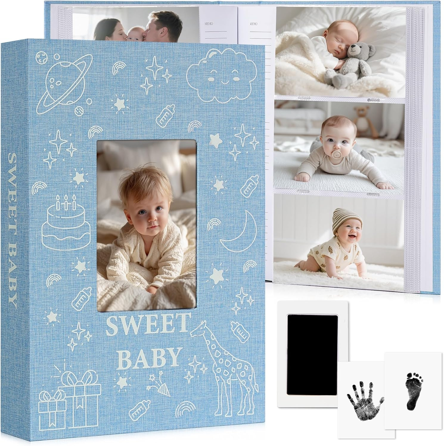 Baby Photo Album 6X4 300 Pockets with Memo Area & Hand and Footprint Kit, Linen Cover Slip-In Memory Book with Front Window, Acid-Free Keepsake for Newborn Boy Girl, First Year Moments