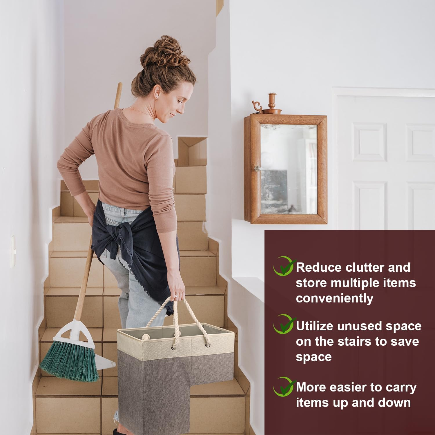 NQEUEPN Stair Basket, 16.14 X 10.24 X 16.14 Inch Multifunctional Staircase Basket Organizer Holder Storage Bin with Rope Handles Foldable Step Basket for Home Office, 40072 image number 4